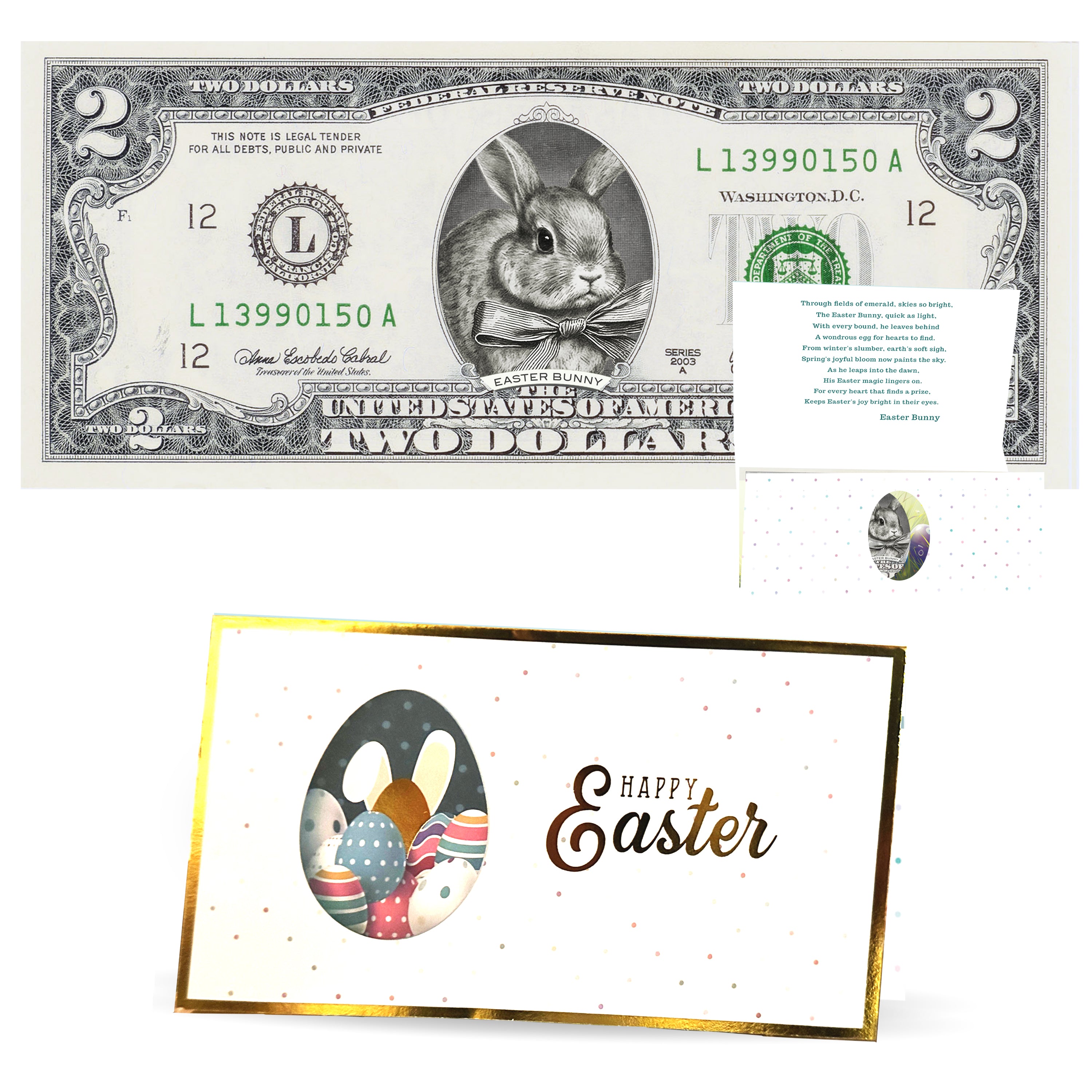 The Official Easter Bunny Dollar Bill. Real 2.0 USD. Each Bill Comes with an Easter Card and Currency Holder. Easter Basket Stuffer/Filler. Bunny Bucks - Bunny Money