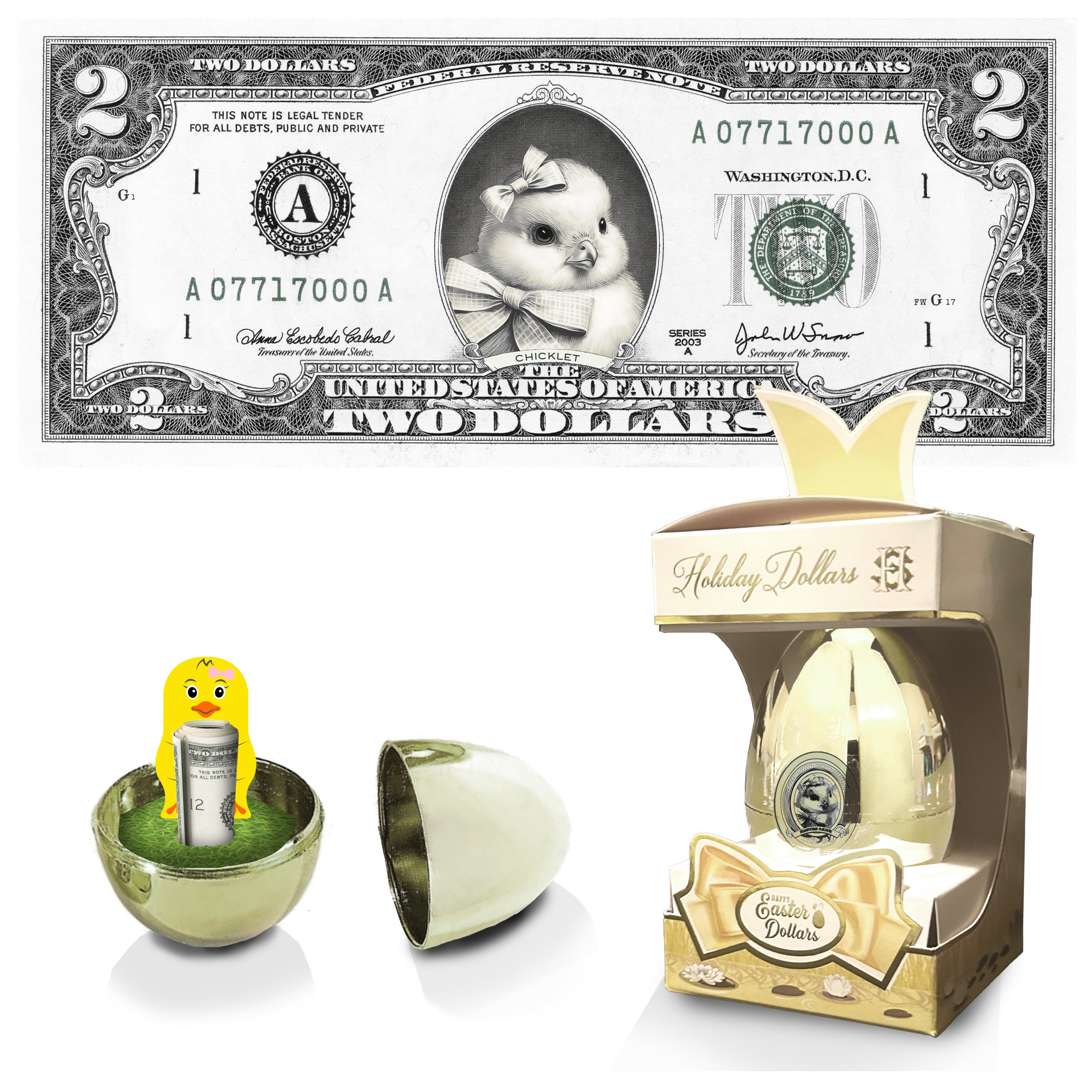 The Official Easter Chick Dollar Bill with Silver Egg and Gift Box. Real 2.0 USD. Bankable & Spendable. Easter Basket Stuffer/Filler. Bunny Bucks - Bunny Money