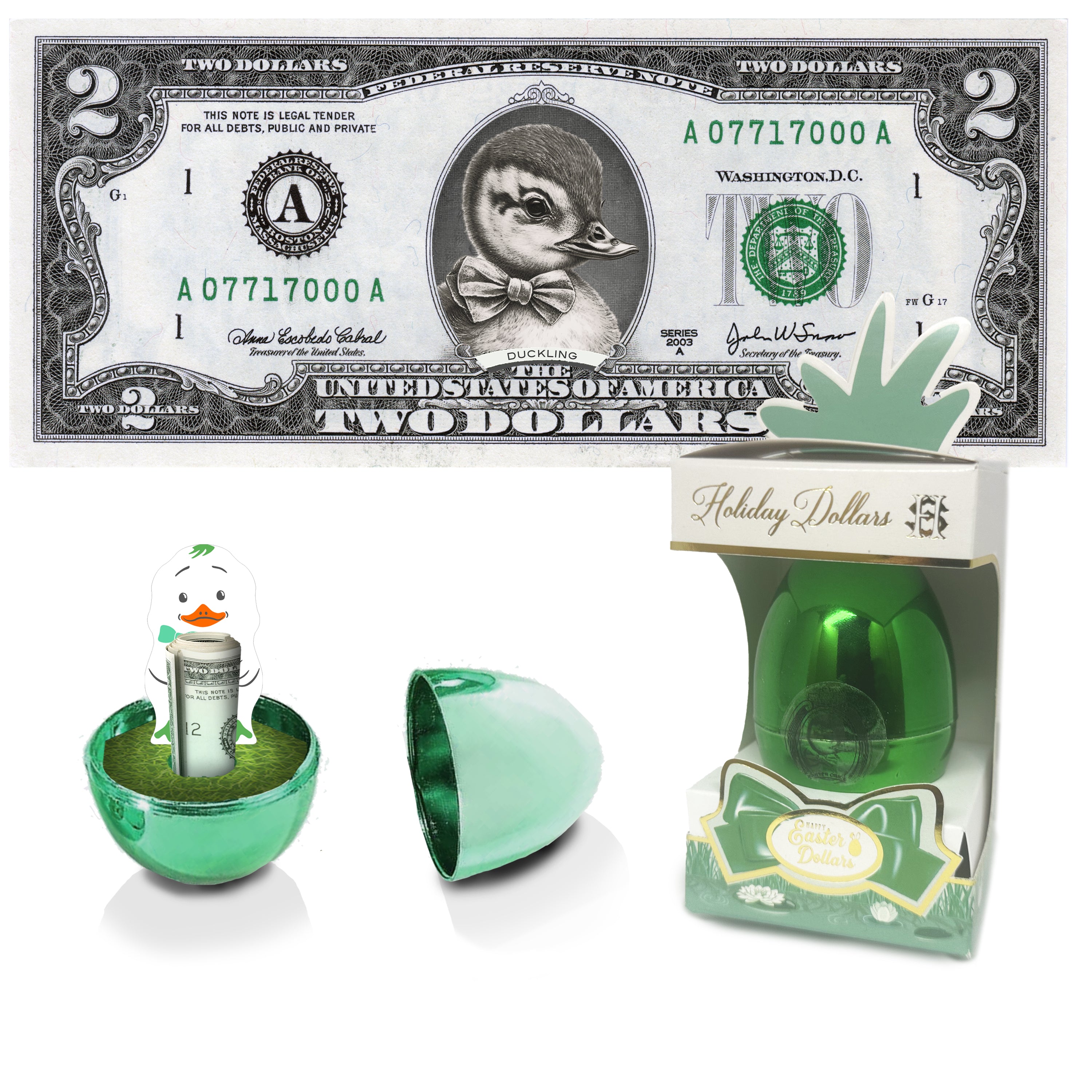 The Official Easter Duckling Dollar Bill with Green Egg and Gift Box. Real 2.0 USD. Bankable & Spendable. Easter Basket Stuffer/Filler. Bunny Bucks - Bunny Money