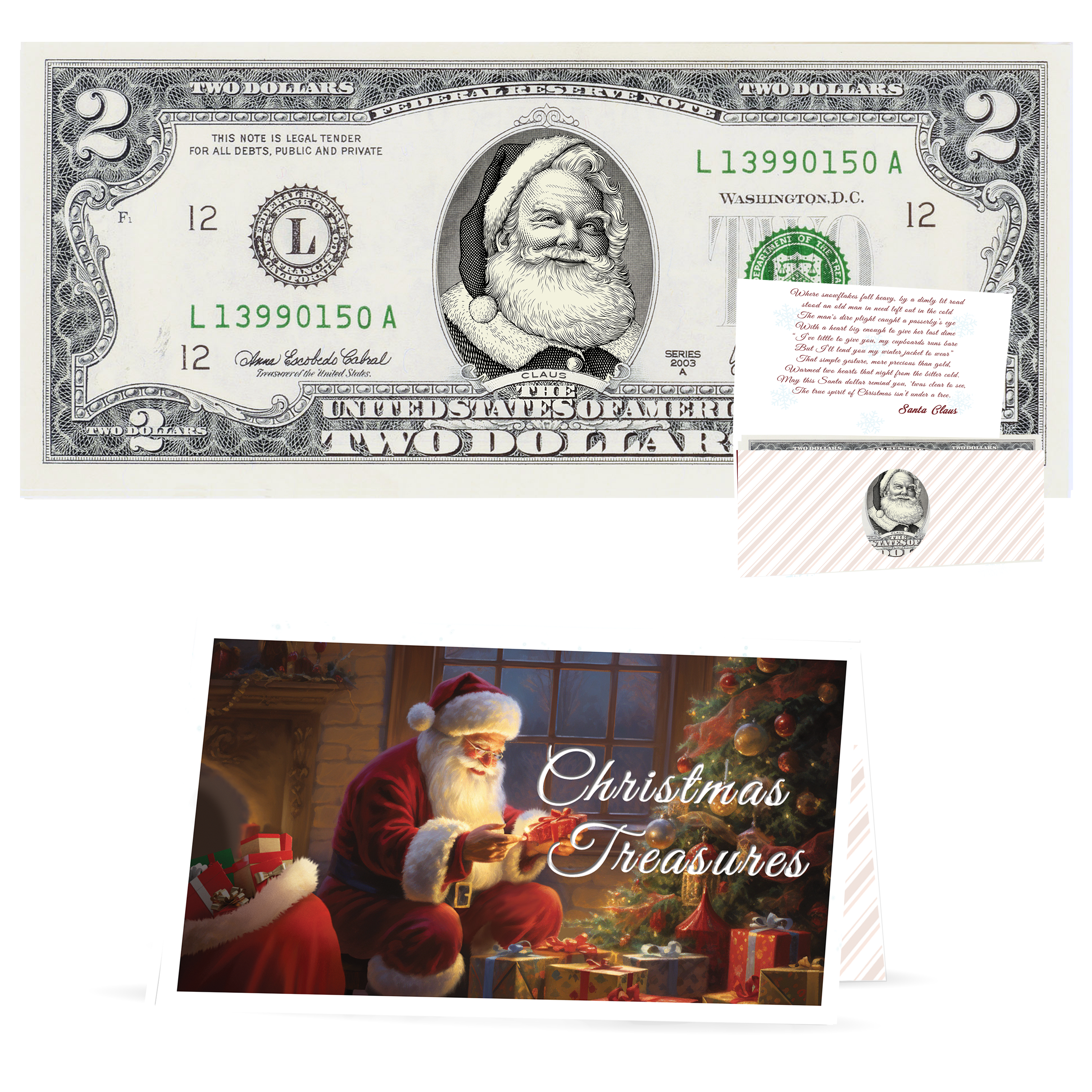 Santa Dollar Bill - Beard White as Snow Santa Collectible 2 Dollar Bill – Colorized Genuine U.S. Currency with Home for Christmas Card