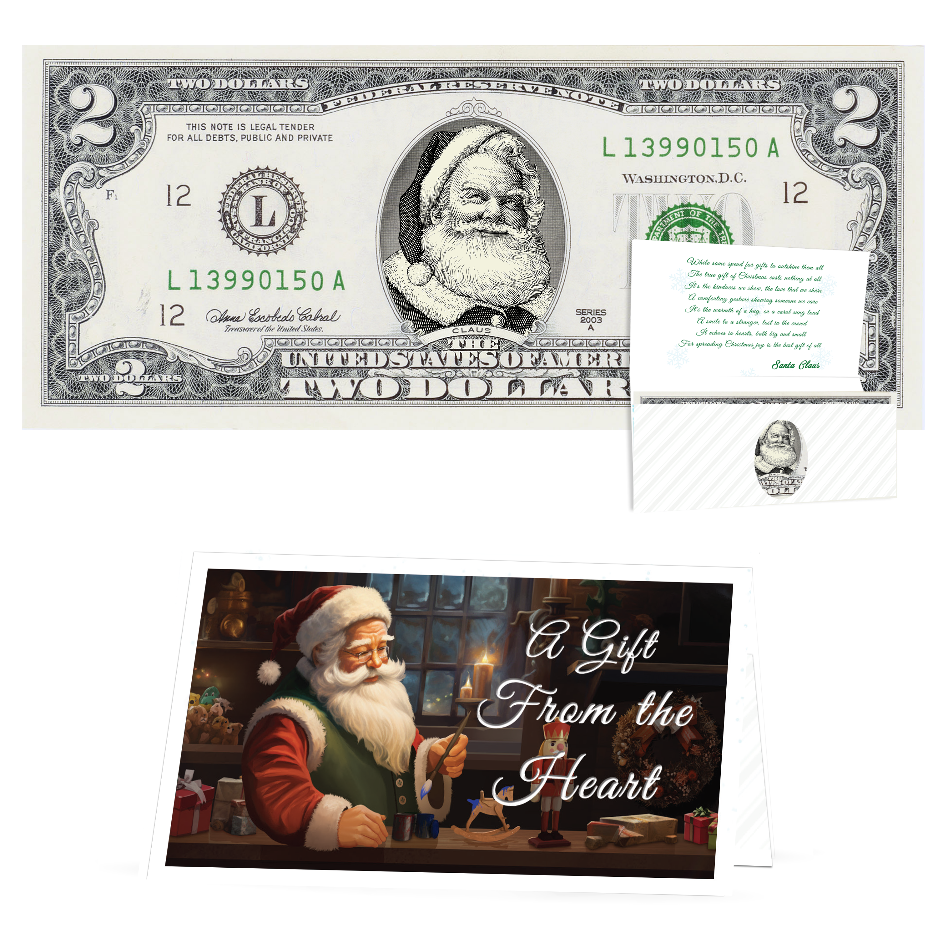 Santa Dollar Bill - Beard White as Snow Santa Collectible 2 Dollar Bill – Colorized Genuine U.S. Currency with Home for Christmas Card