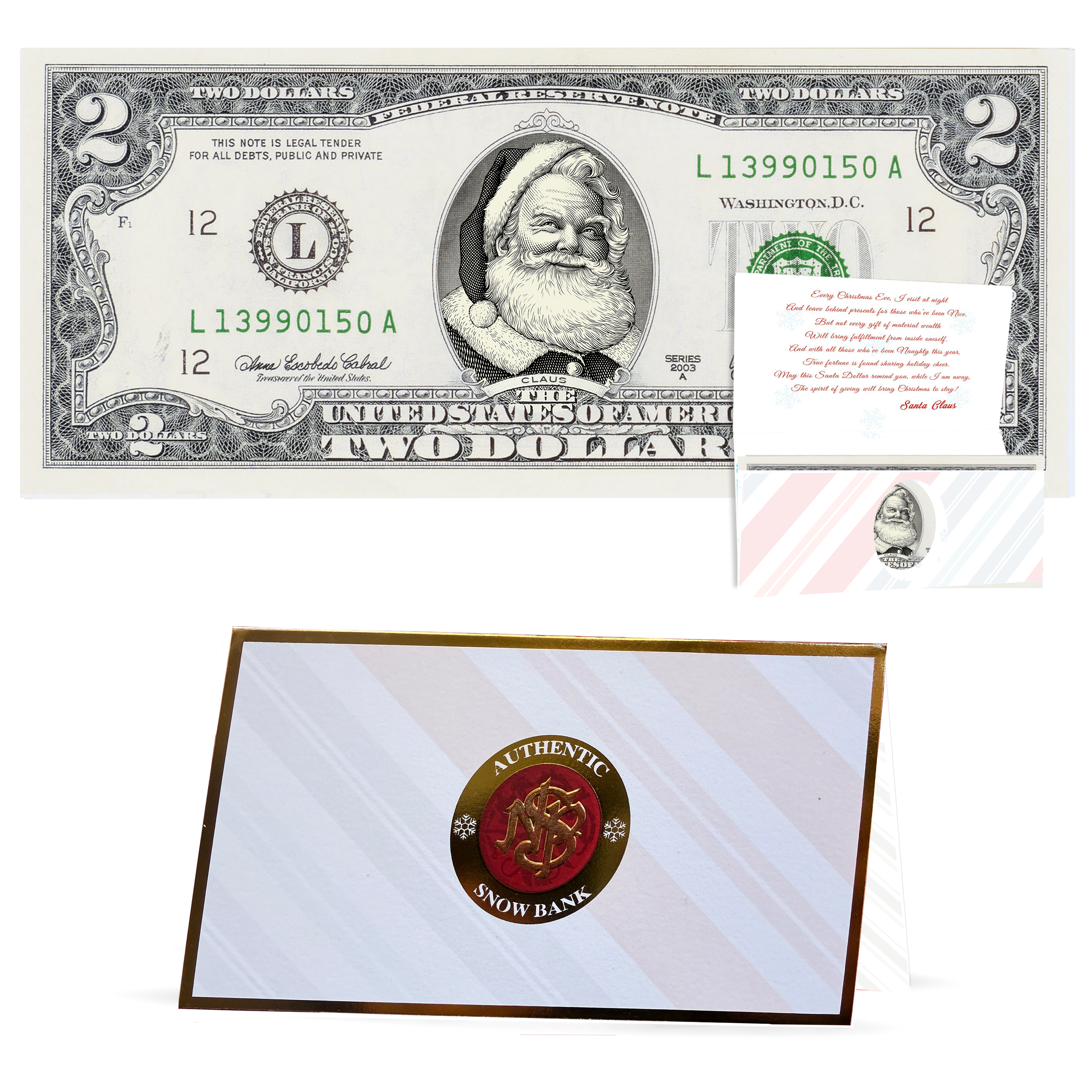 Santa Dollar Bill - Beard White as Snow Santa Collectible 2 Dollar Bill – Colorized Genuine U.S. Currency with Home for Christmas Card