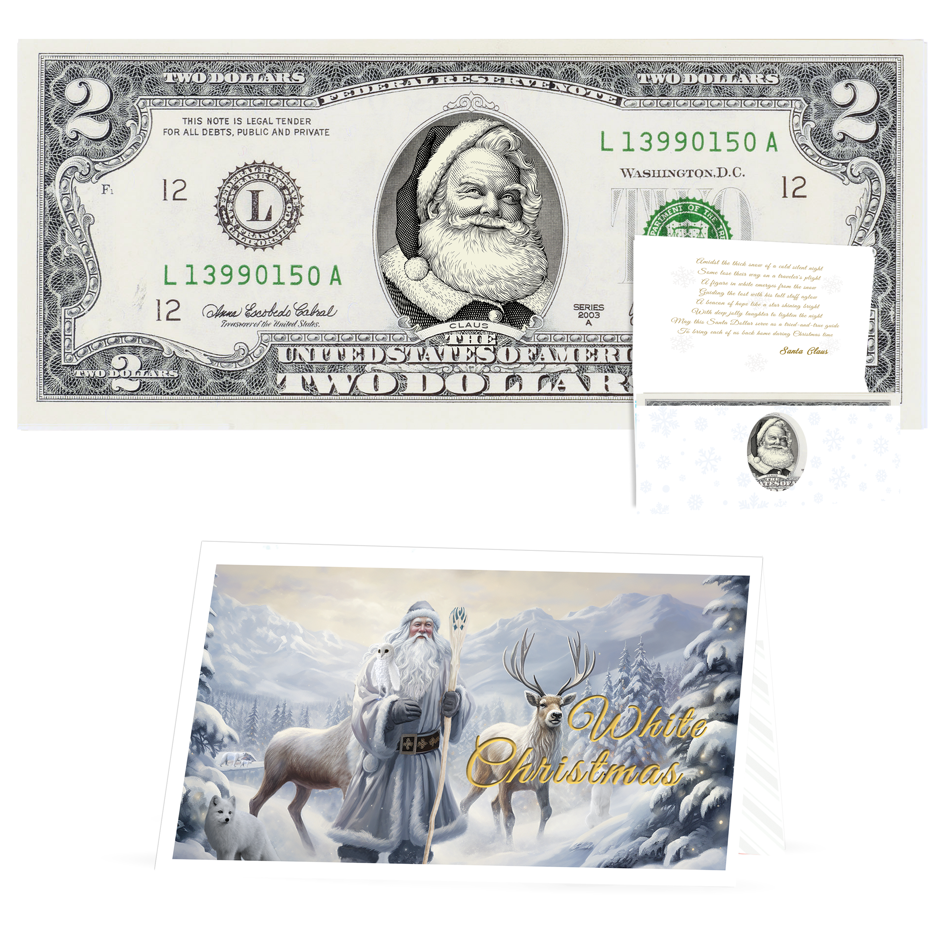 Santa Dollar Bill - Beard White as Snow Santa Collectible 2 Dollar Bill – Colorized Genuine U.S. Currency with Home for Christmas Card