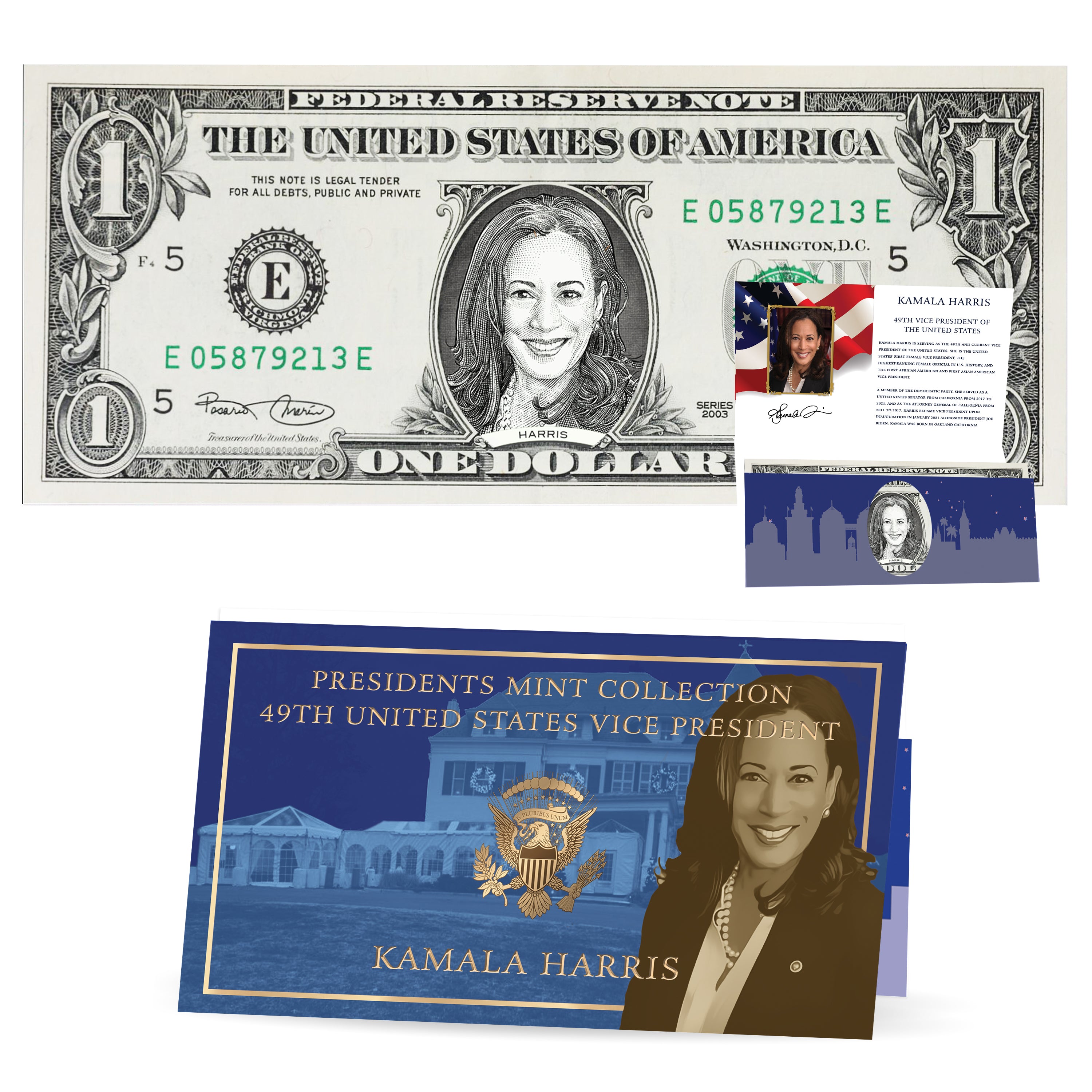Kamala Harris Presidential Dollar Bill w/ Official Currency Card - REAL USD!