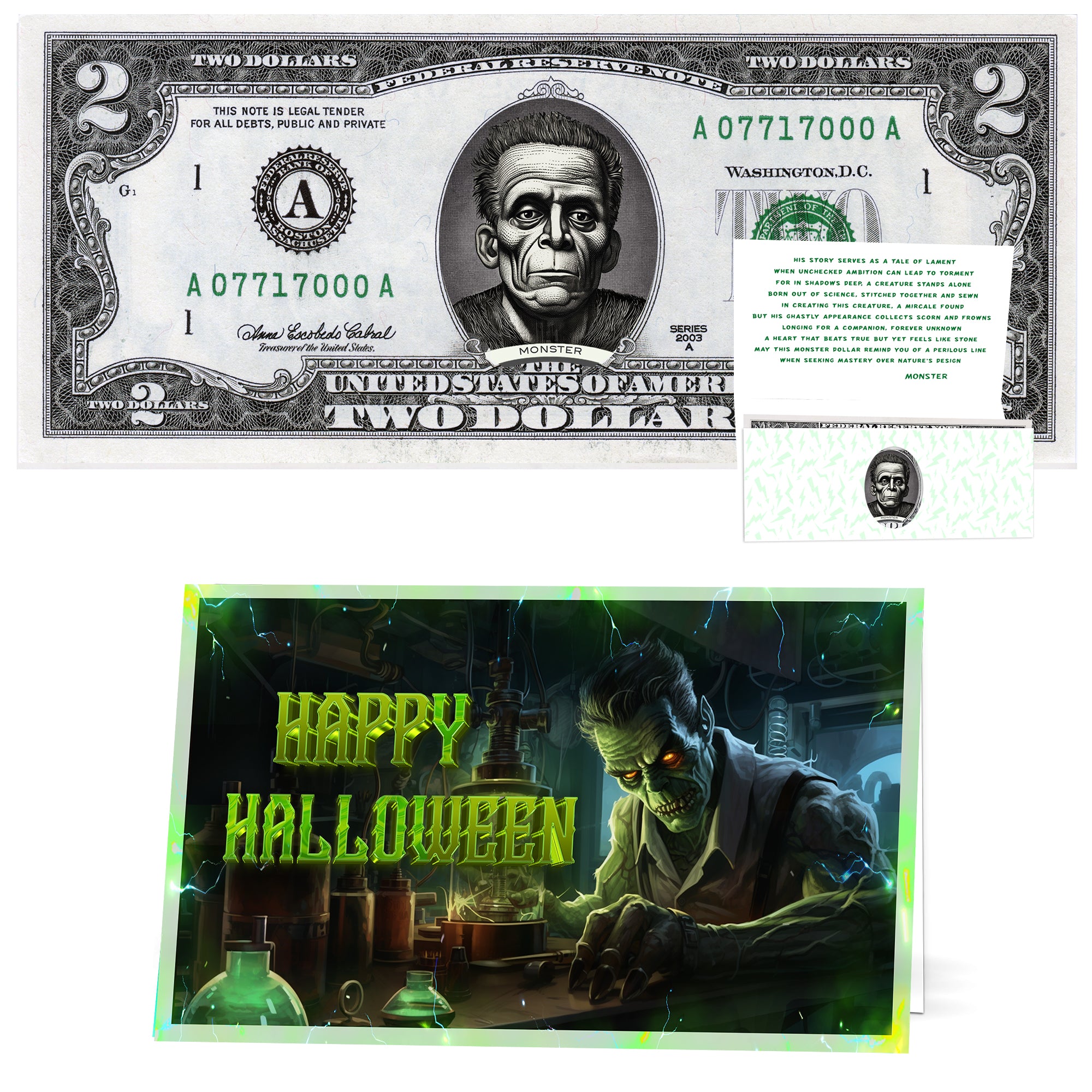 The Official Monster Halloween Dollar Bill. Real 2.0 USD. Bankable & Spendable. Each Bill Comes with a Halloween Card.
