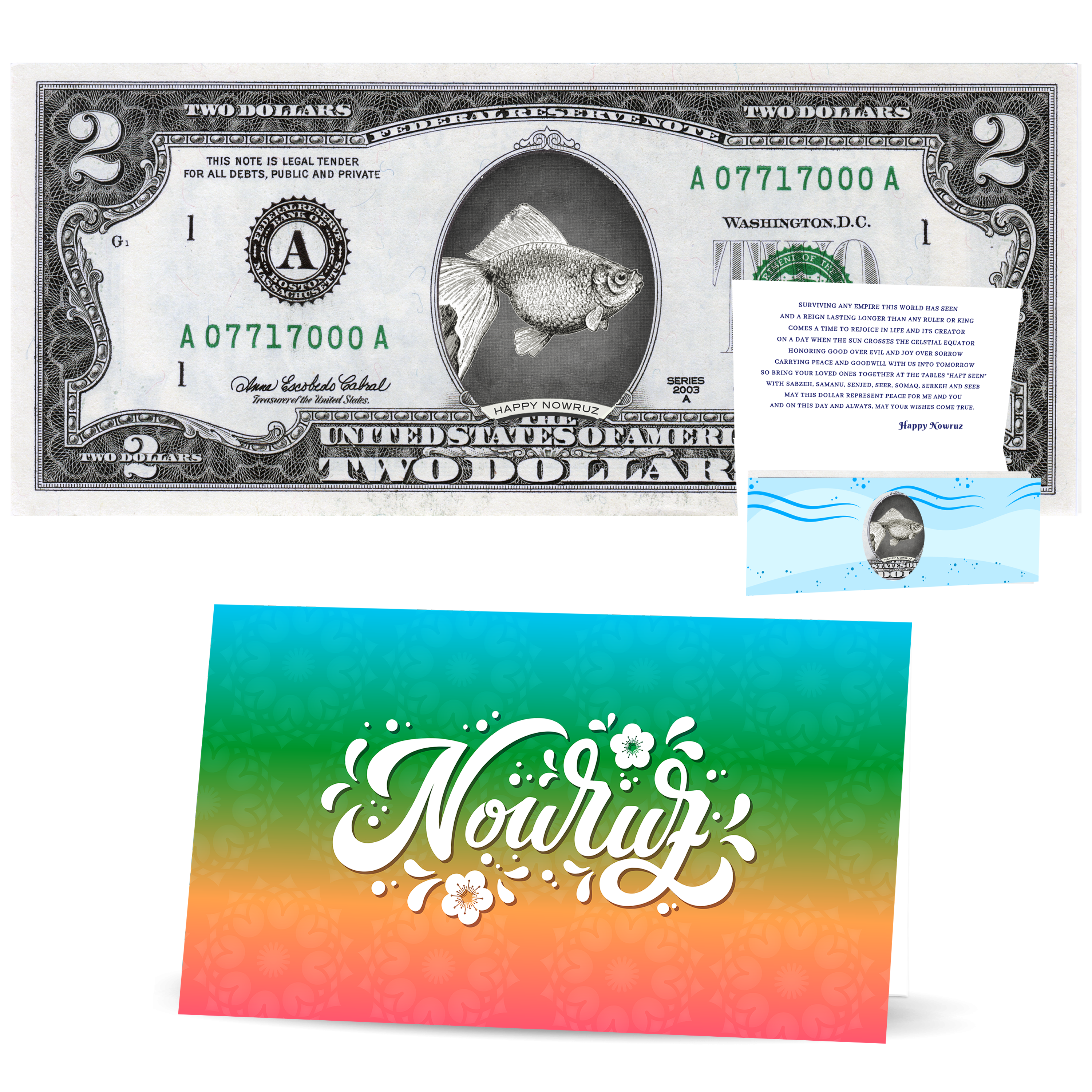 Nowruz Gift: 2.0 USD Dollar Bill with Custom Holiday Card - Persian New Year Collectible