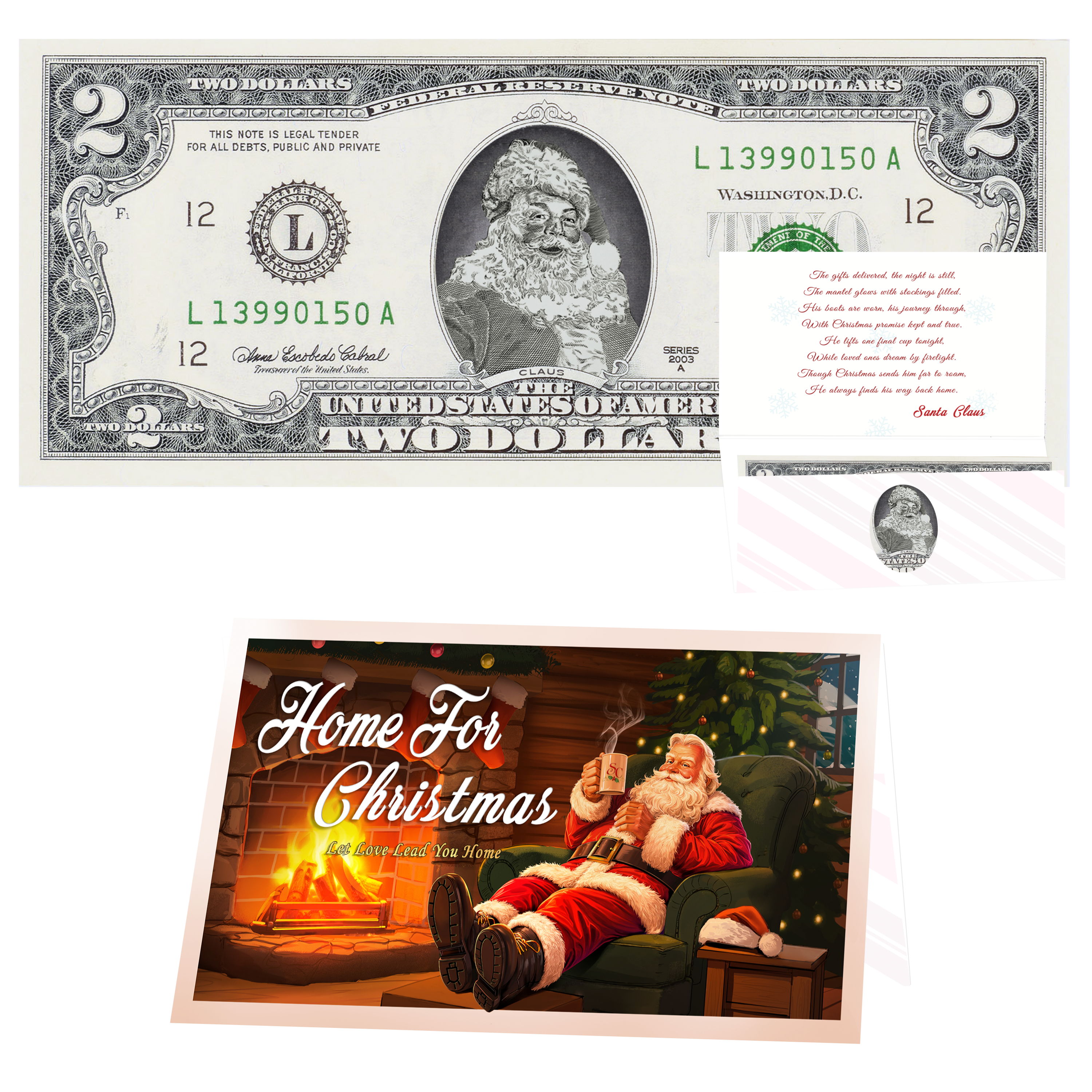 Holiday Dollars Classic Santa genuine U.S. $2 Santa dollar with Home for Christmas card.