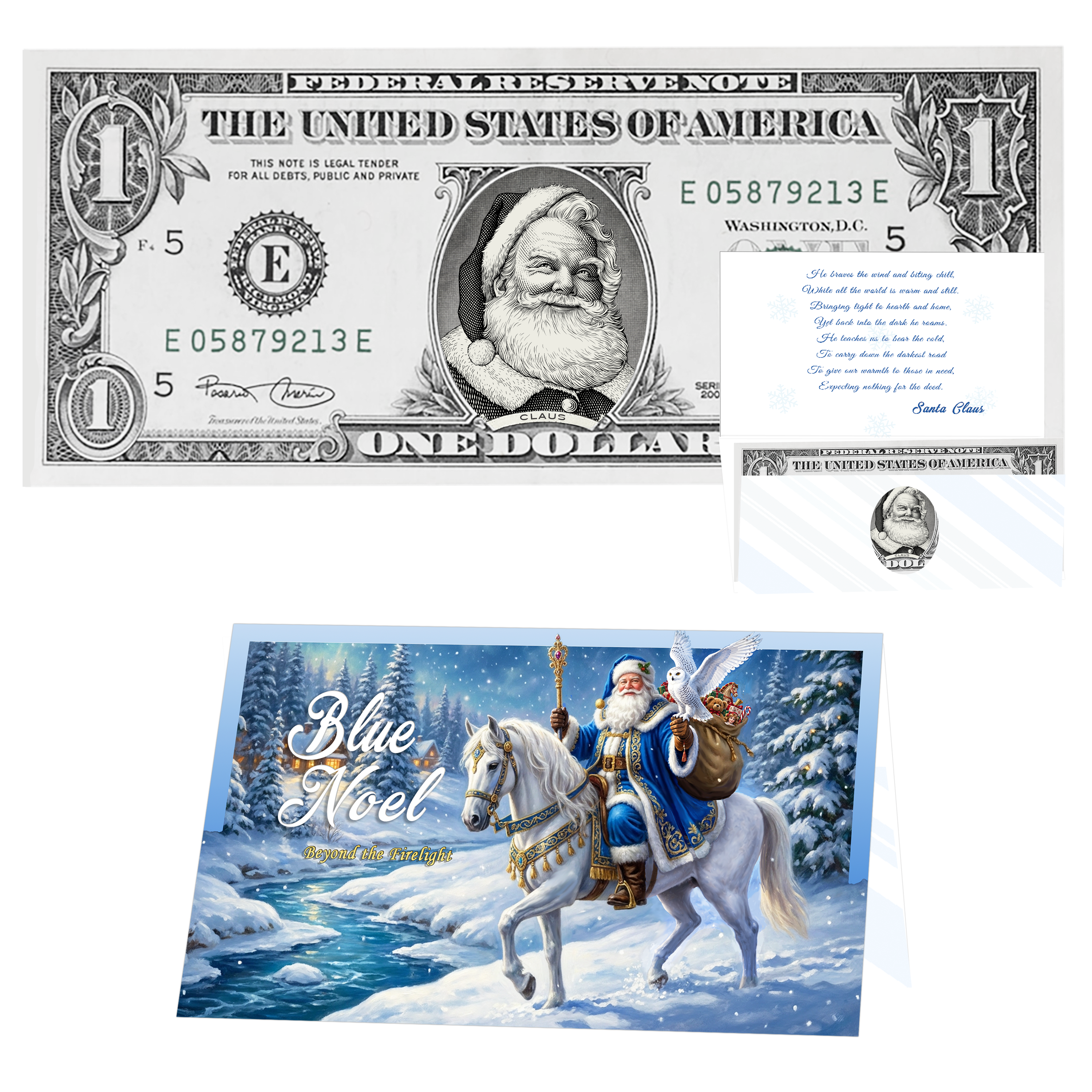 Holiday Dollars Beard White as Snow Santa genuine U.S. $1 Santa dollar bill with Blue Noel presentation card.