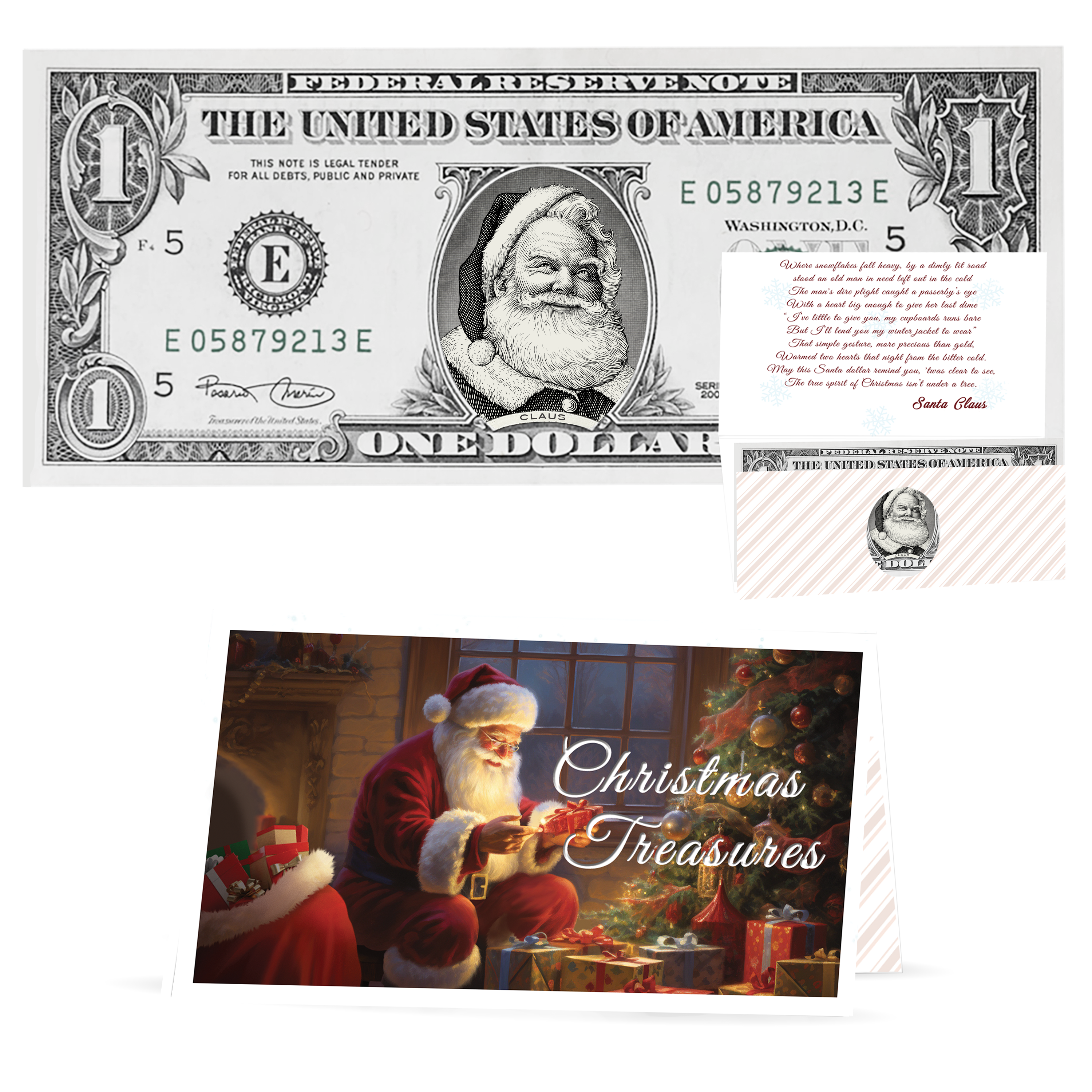 Holiday Dollars Beard White as Snow Santa genuine U.S. $1 Santa dollar bill with Christmas Treasures presentation card.