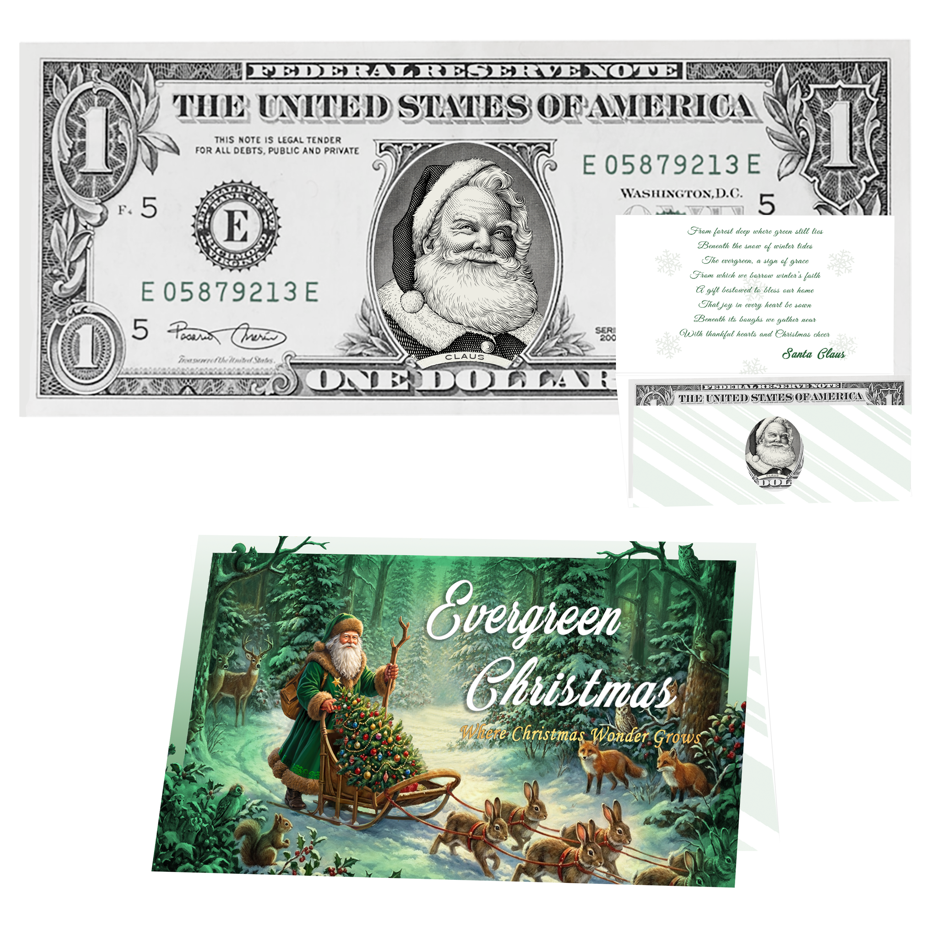 Holiday Dollars Beard White as Snow Santa genuine U.S. $1 Santa dollar bill with Evergreen Christmas presentation card.