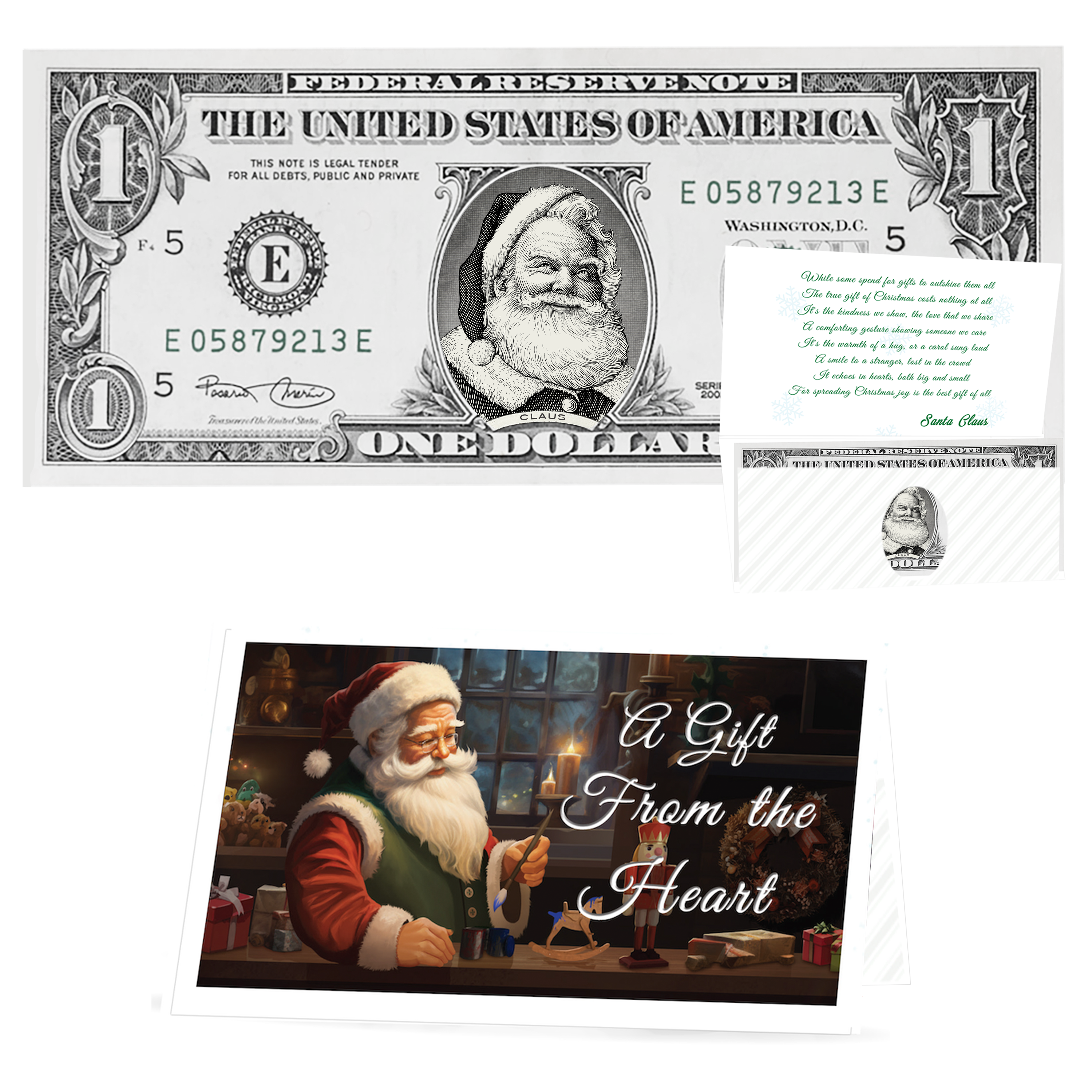 Holiday Dollars Beard White as Snow Santa genuine U.S. $1 Santa dollar bill with Gift From the Heart presentation card.