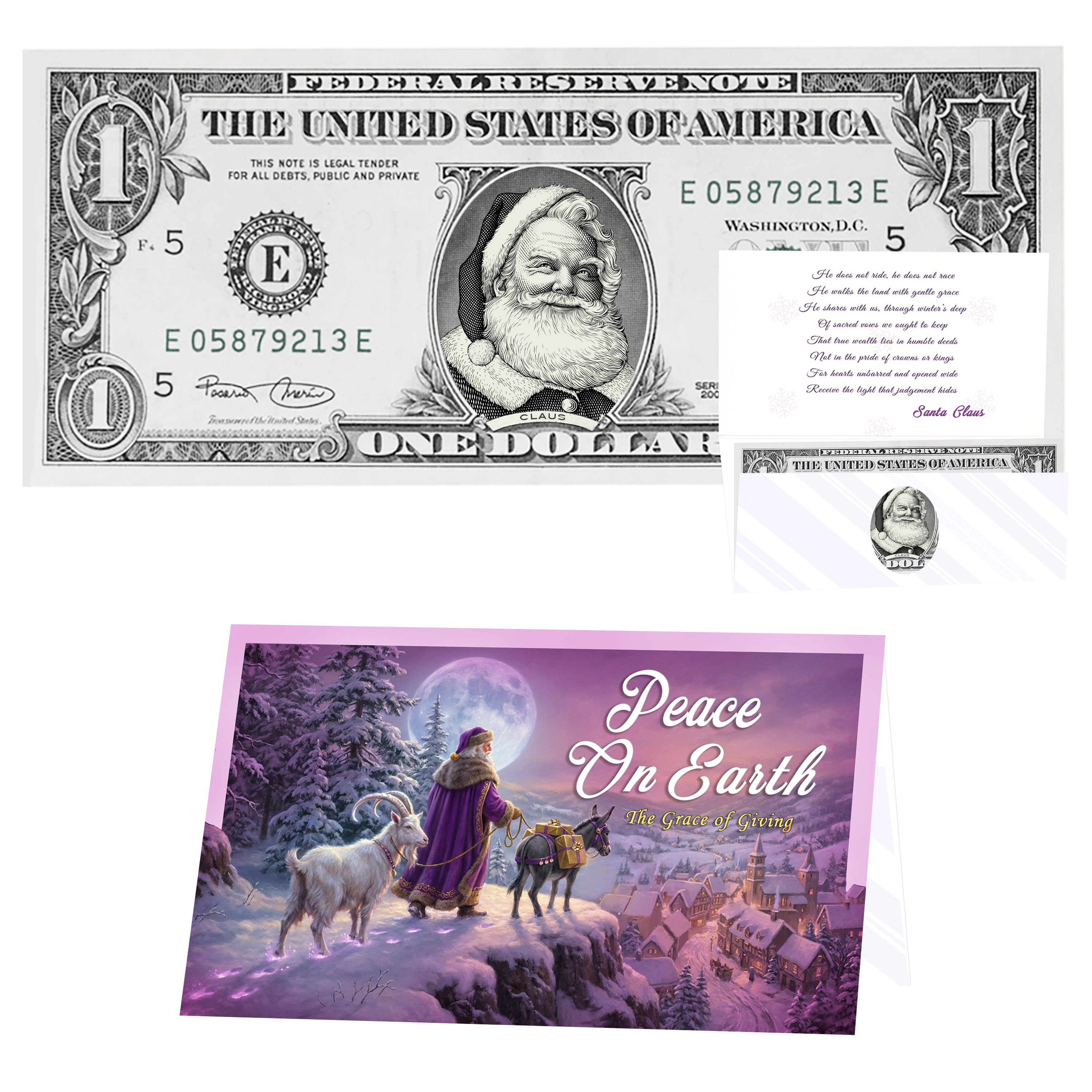 Holiday Dollars Beard White as Snow Santa genuine U.S. $1 Santa dollar bill with Peace on Earth presentation card.