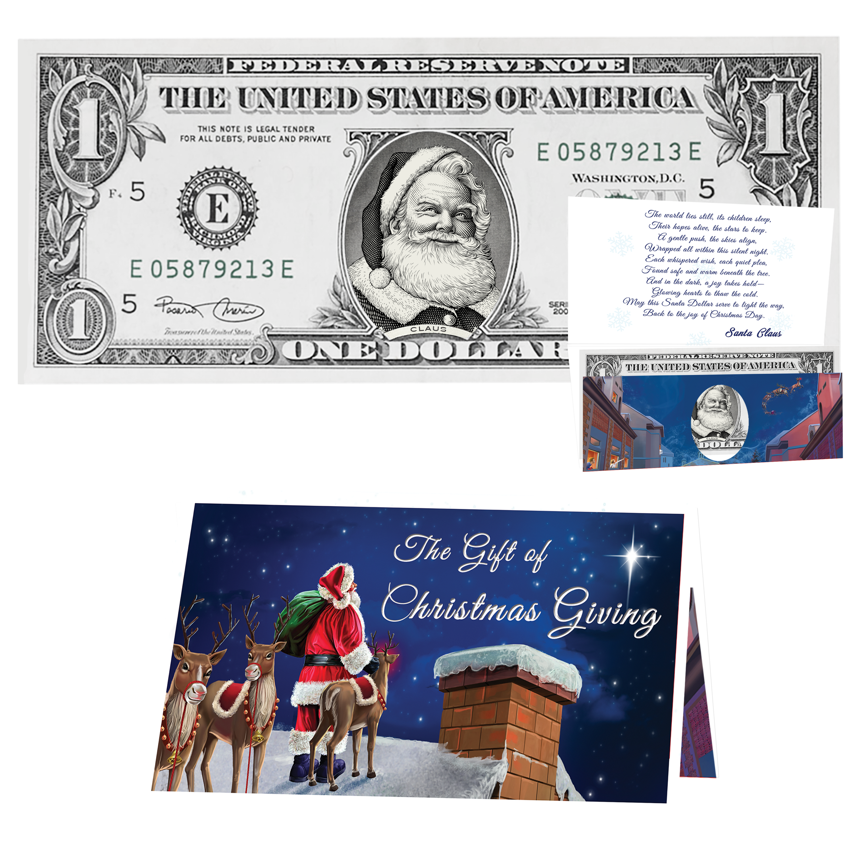 Holiday Dollars Beard White as Snow Santa genuine U.S. $1 Santa dollar bill with Reindeer on Rooftops presentation card.