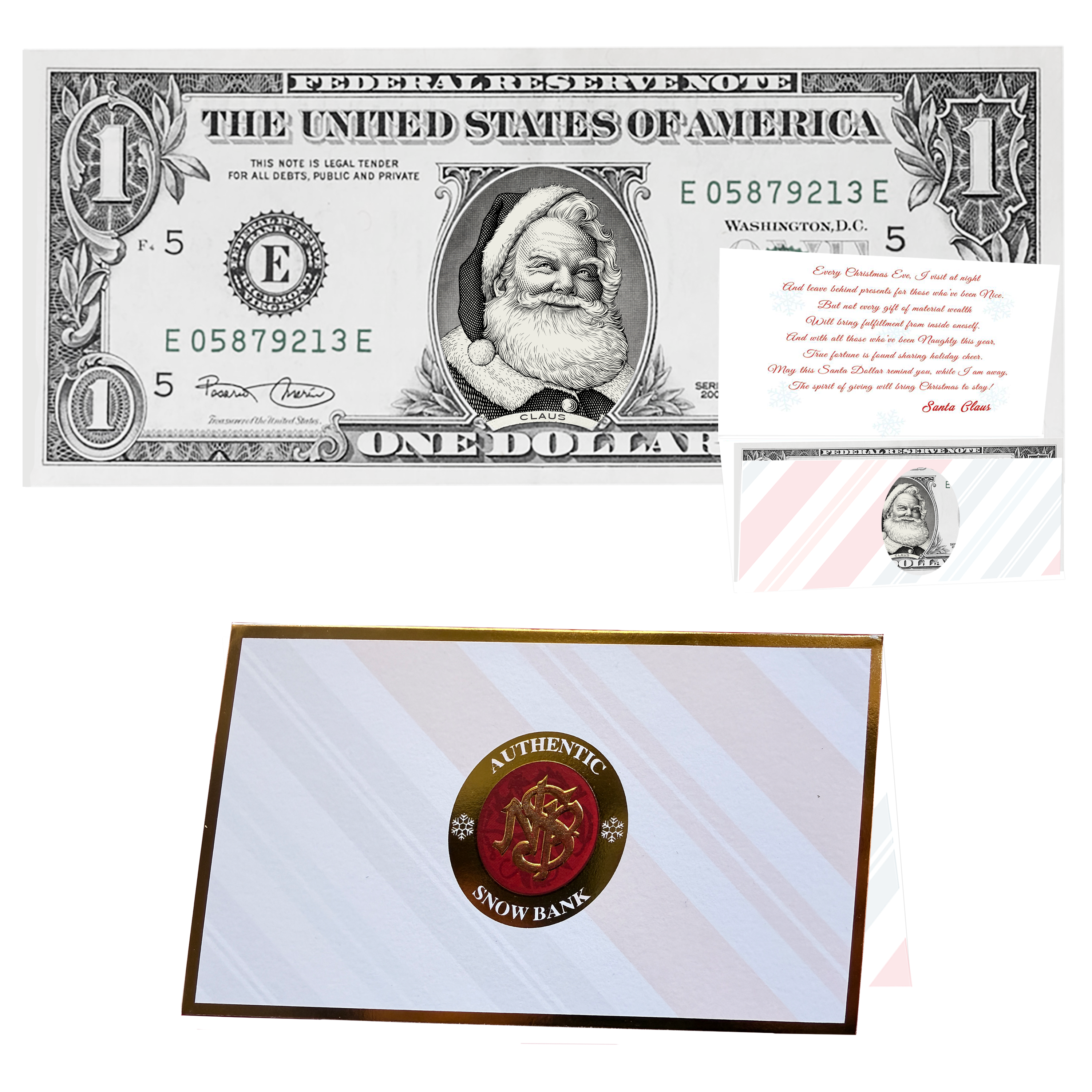 Holiday Dollars Beard White as Snow Santa genuine U.S. $1 Santa dollar bill with Snow Bank presentation card.