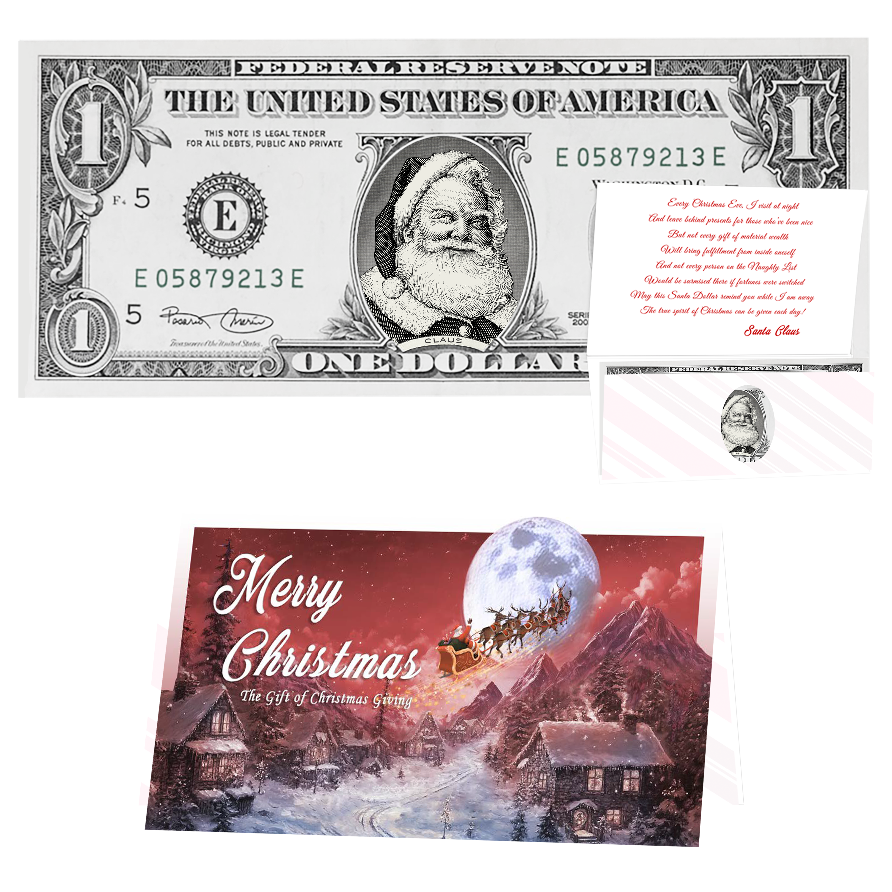 Holiday Dollars Beard White as Snow Santa genuine U.S. $1 Santa dollar bill with To All a Goodnight presentation card.
