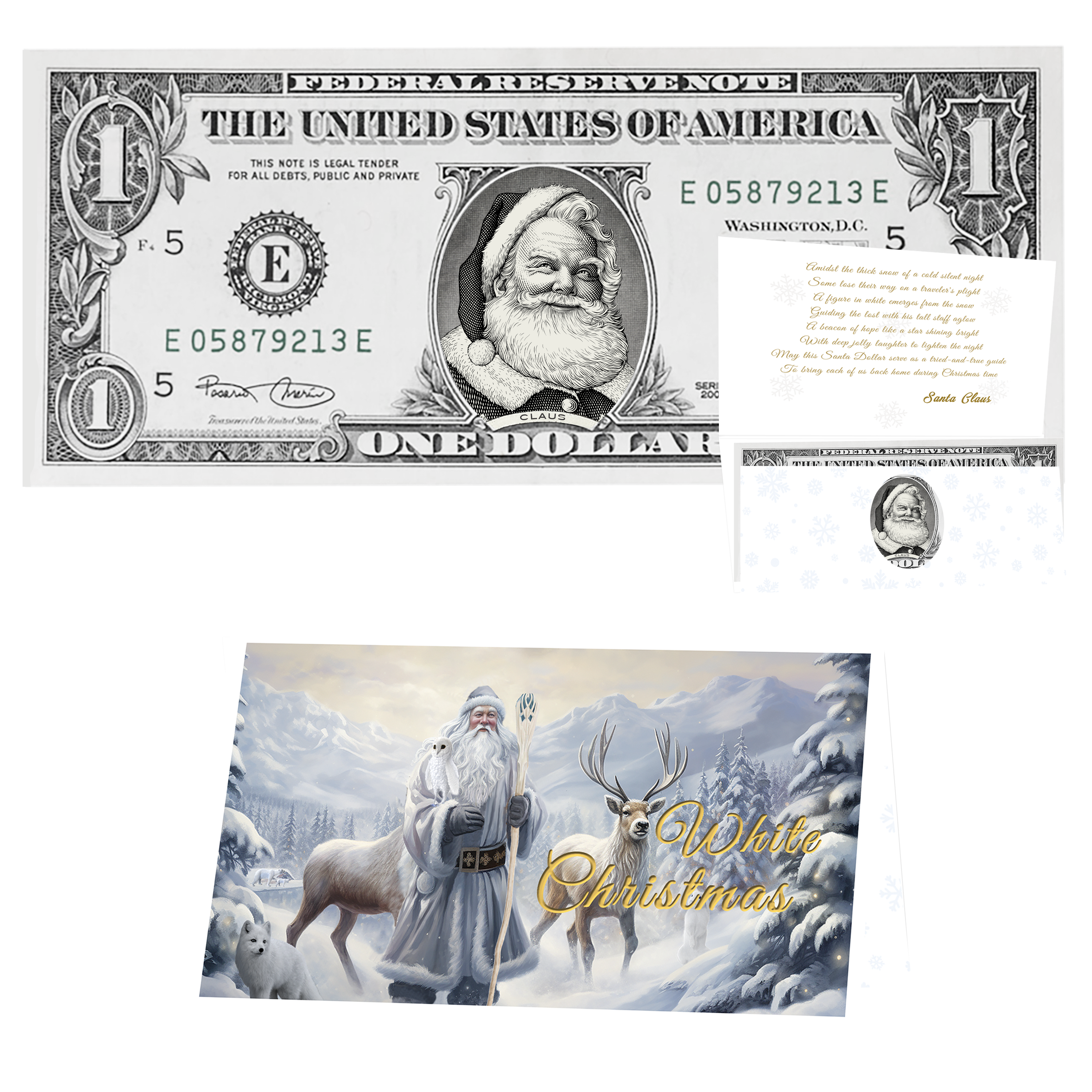 Holiday Dollars Beard White as Snow Santa genuine U.S. $1 Santa dollar bill with White Christmas presentation card.