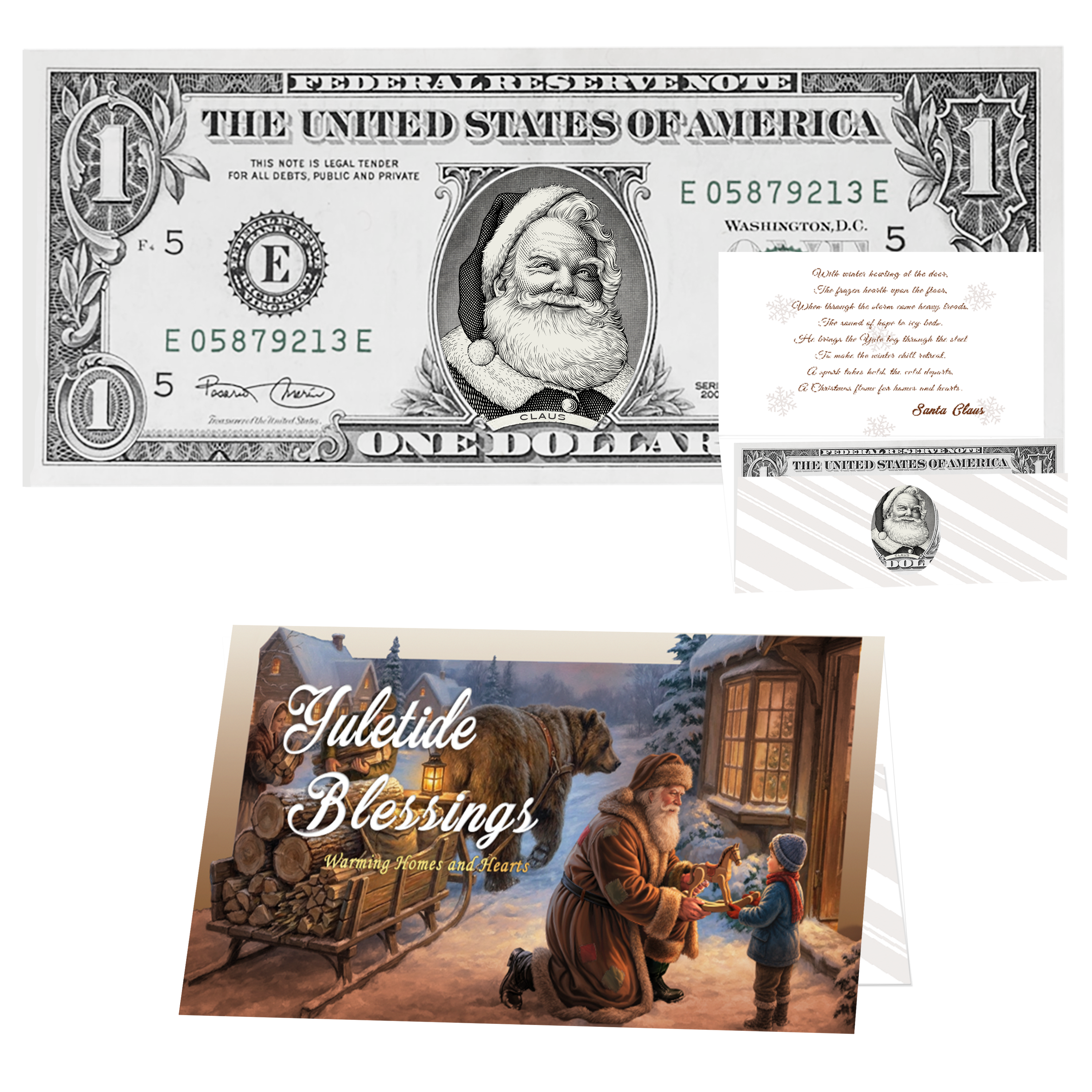 Holiday Dollars Beard White as Snow Santa genuine U.S. $1 Santa dollar bill with Yuletide Blessings presentation card.