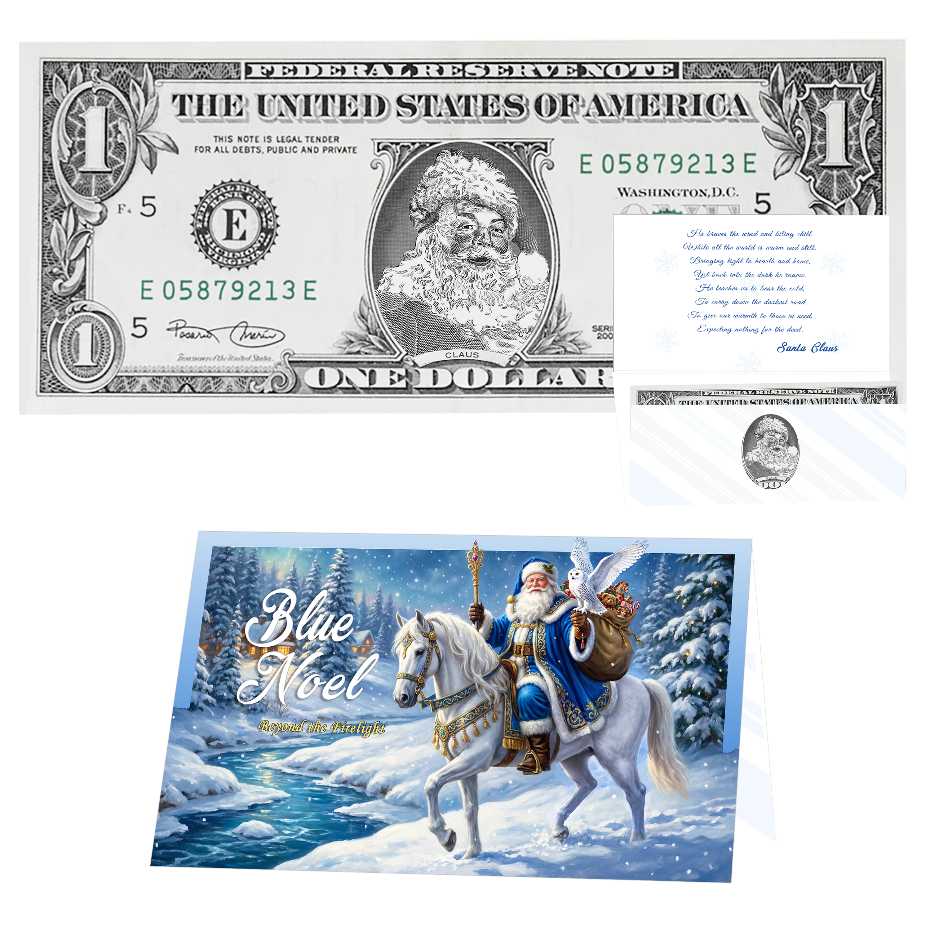 Holiday Dollars Classic Santa genuine U.S. $1 Santa dollar bill with Blue Noel presentation card.