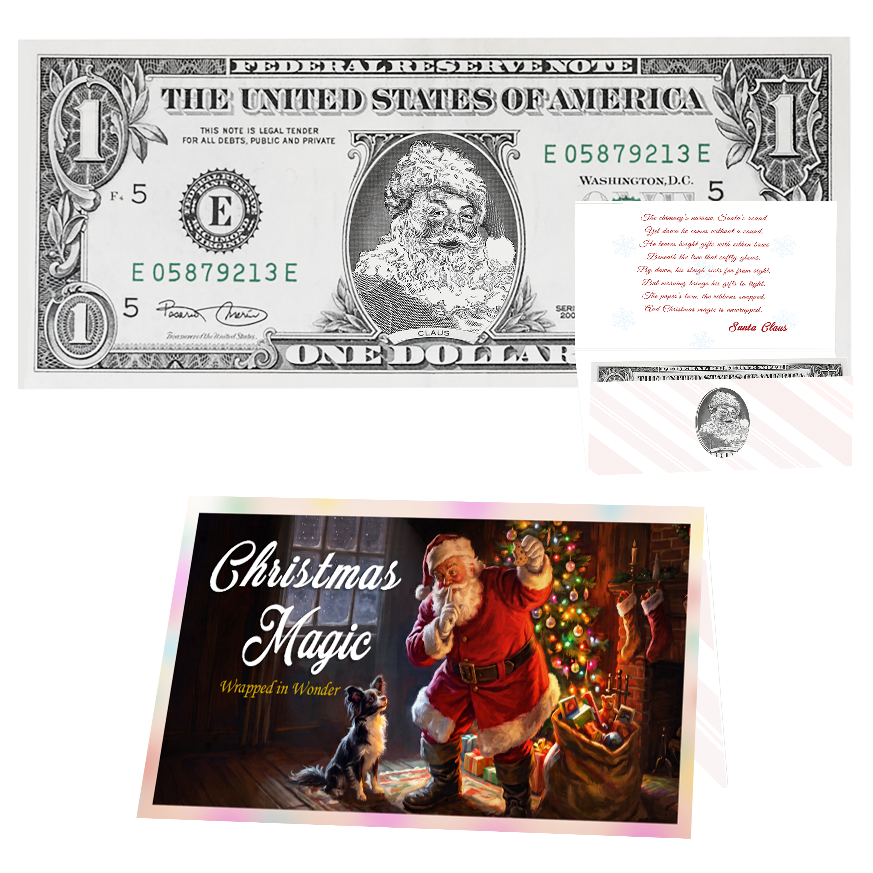 Holiday Dollars Classic Santa genuine U.S. $1 Santa dollar bill with Christmas Magic presentation card.