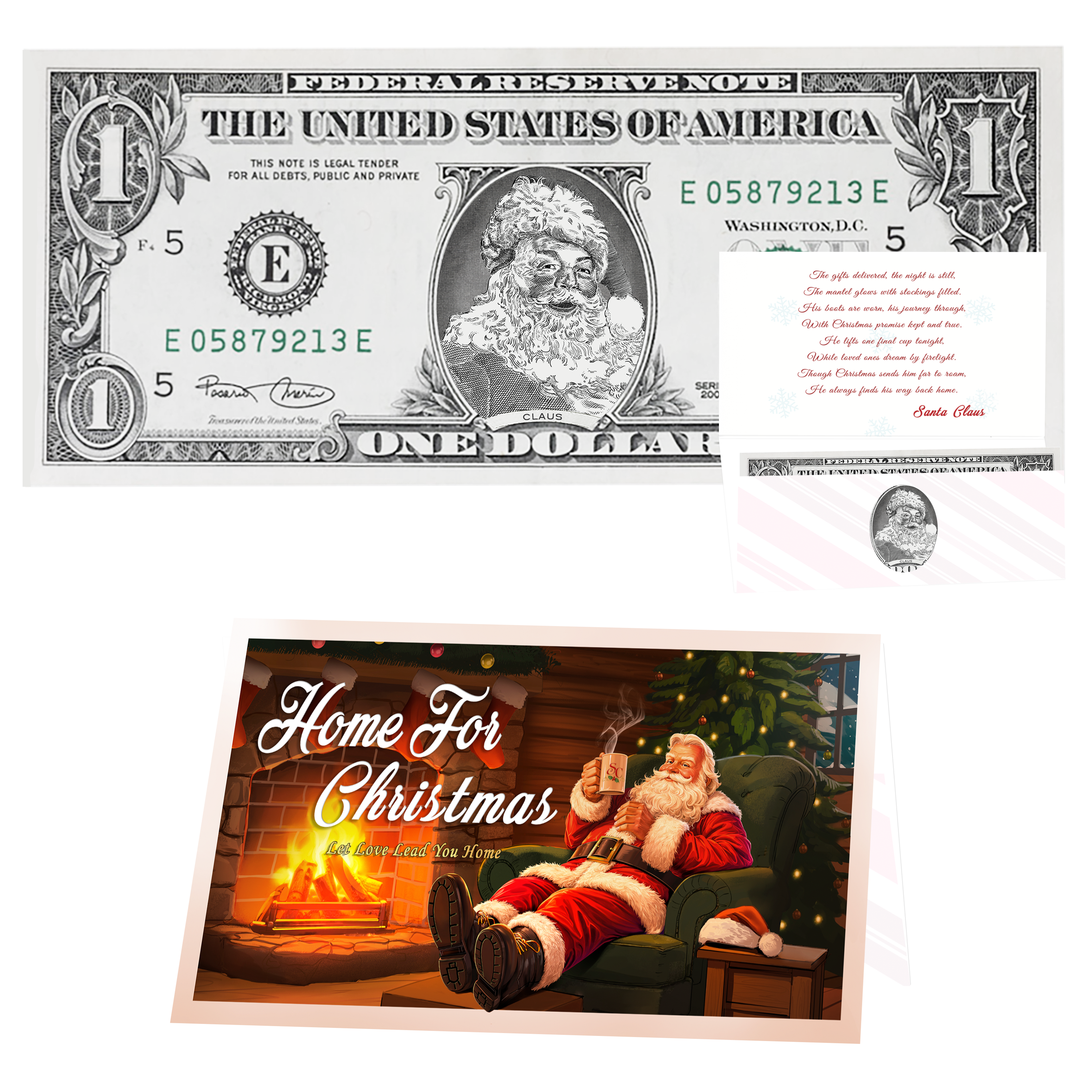 Holiday Dollars Classic Santa genuine U.S. $1 Santa dollar bill with Home for Christmas presentation card.