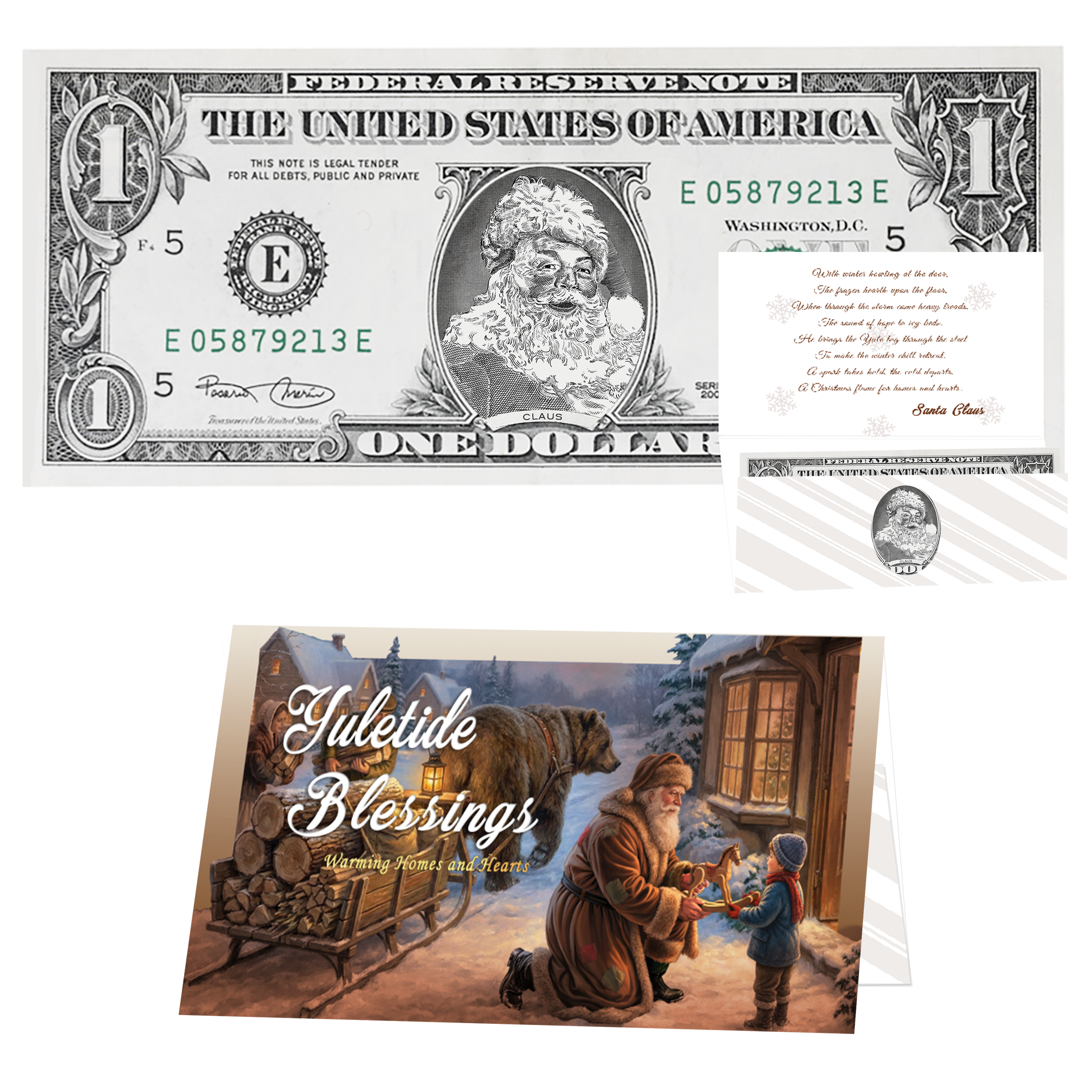 Holiday Dollars Classic Santa genuine U.S. $1 Santa dollar bill with Yuletide Blessings presentation card.