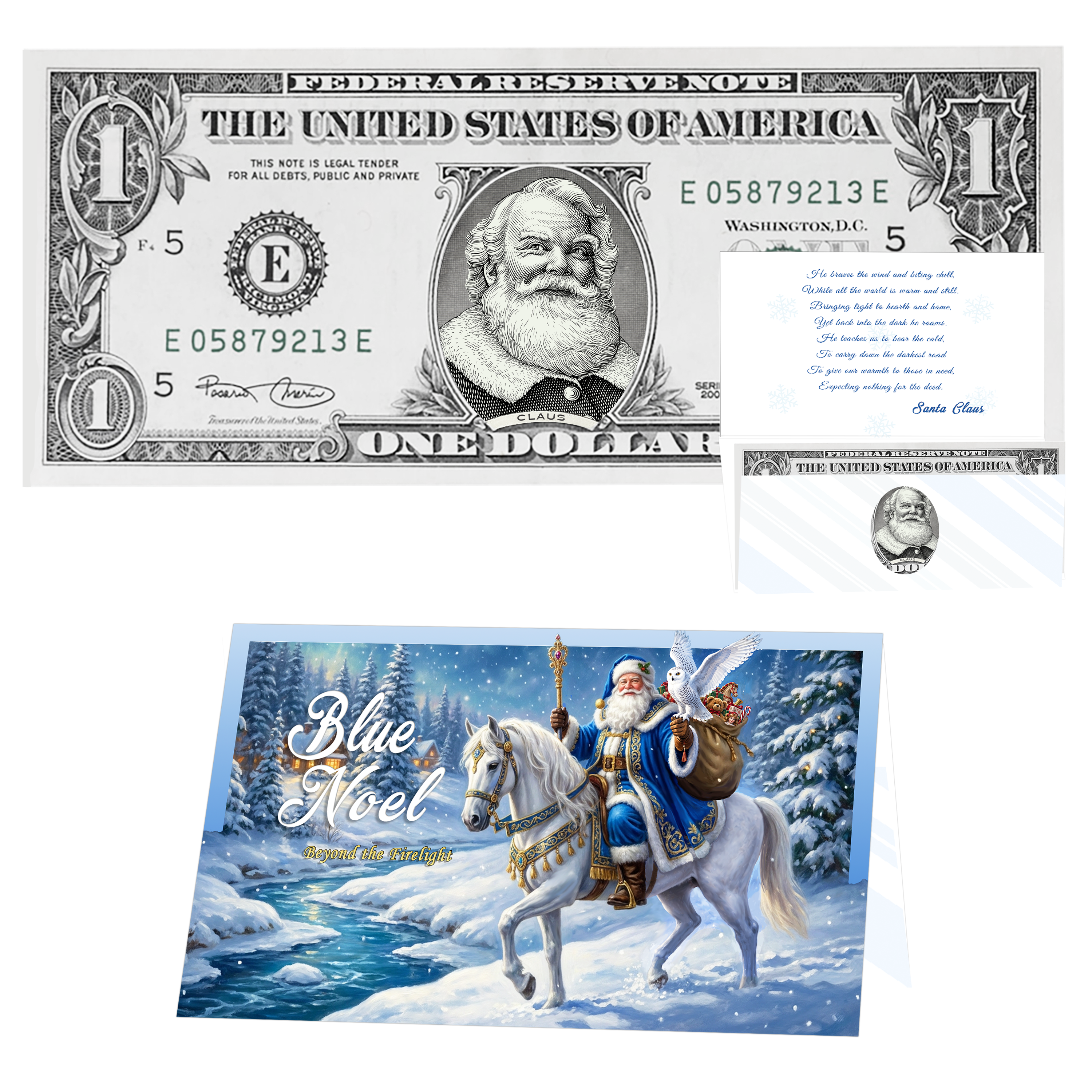 Holiday Dollars Cola Santa genuine U.S. $1 Santa dollar bill with Blue Noel presentation card.