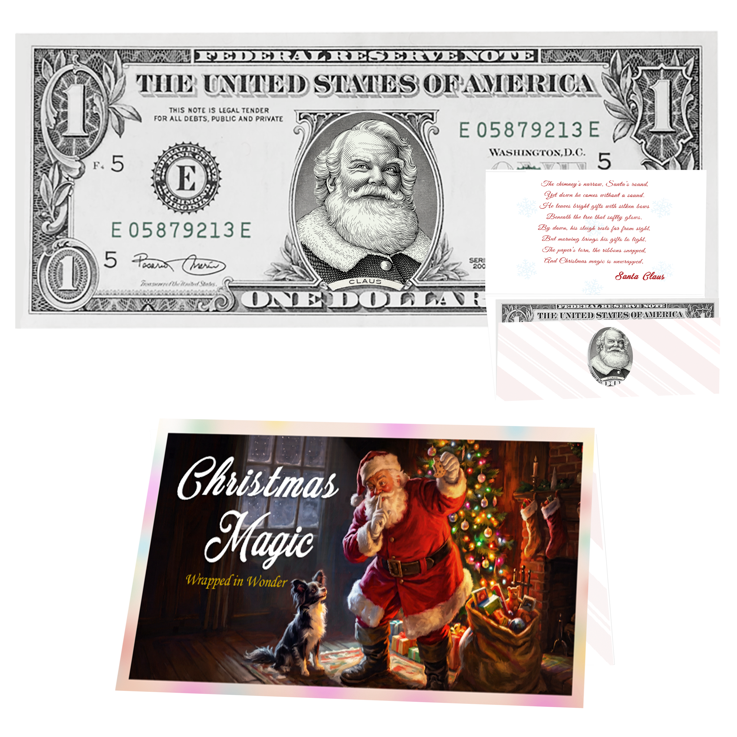 Holiday Dollars Cola Santa genuine U.S. $1 Santa dollar bill with Christmas Magic presentation card.