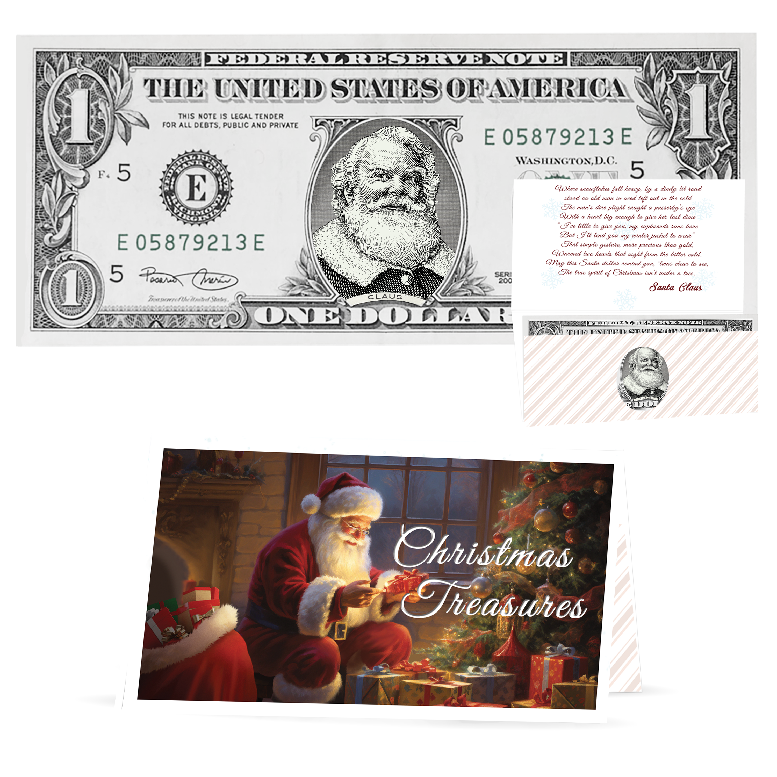 Holiday Dollars Cola Santa genuine U.S. $1 Santa dollar bill with Christmas Treasures presentation card.