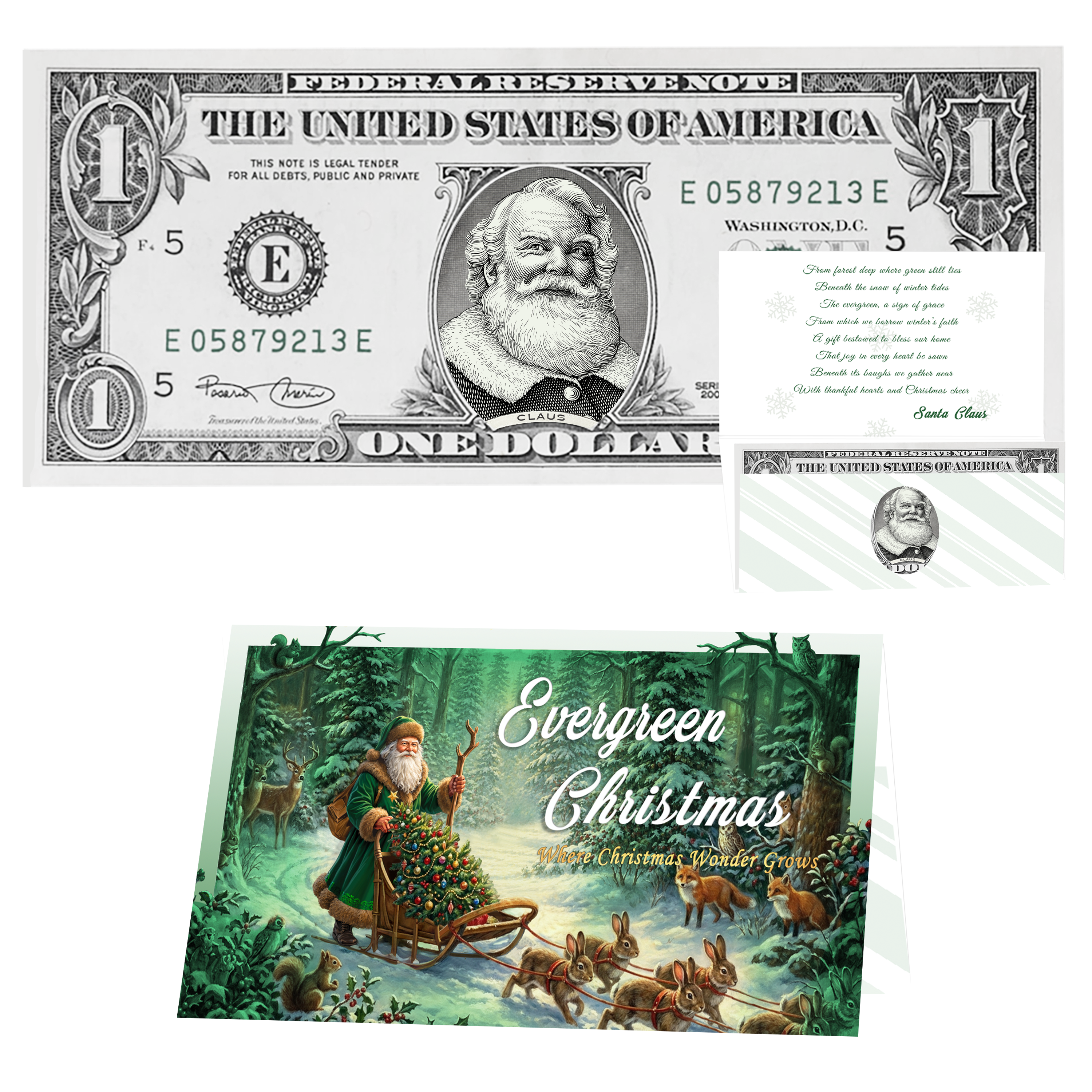 Holiday Dollars Cola Santa genuine U.S. $1 Santa dollar bill with Evergreen Christmas presentation card.