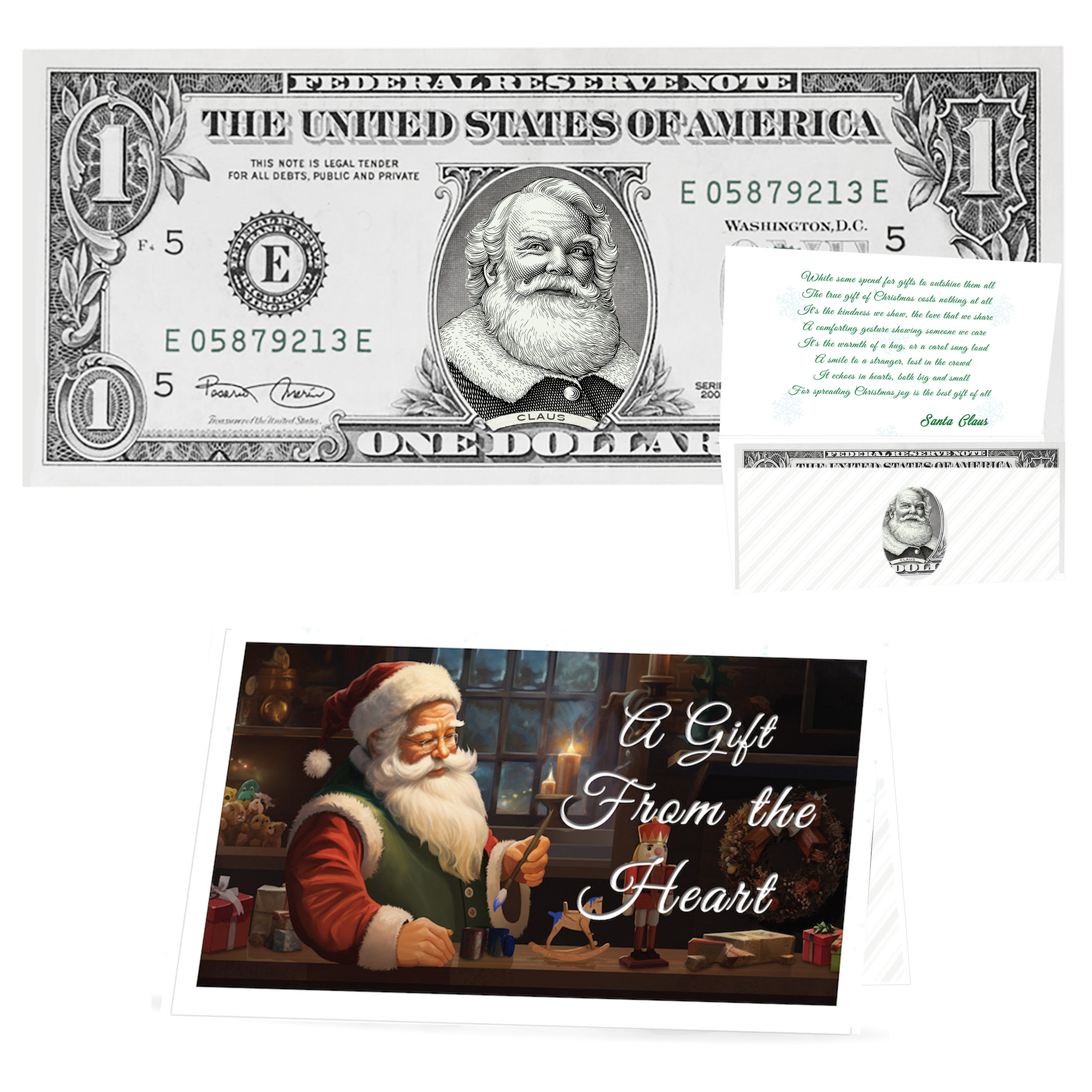 Holiday Dollars Cola Santa genuine U.S. $1 Santa dollar bill with Gift From the Heart presentation card.