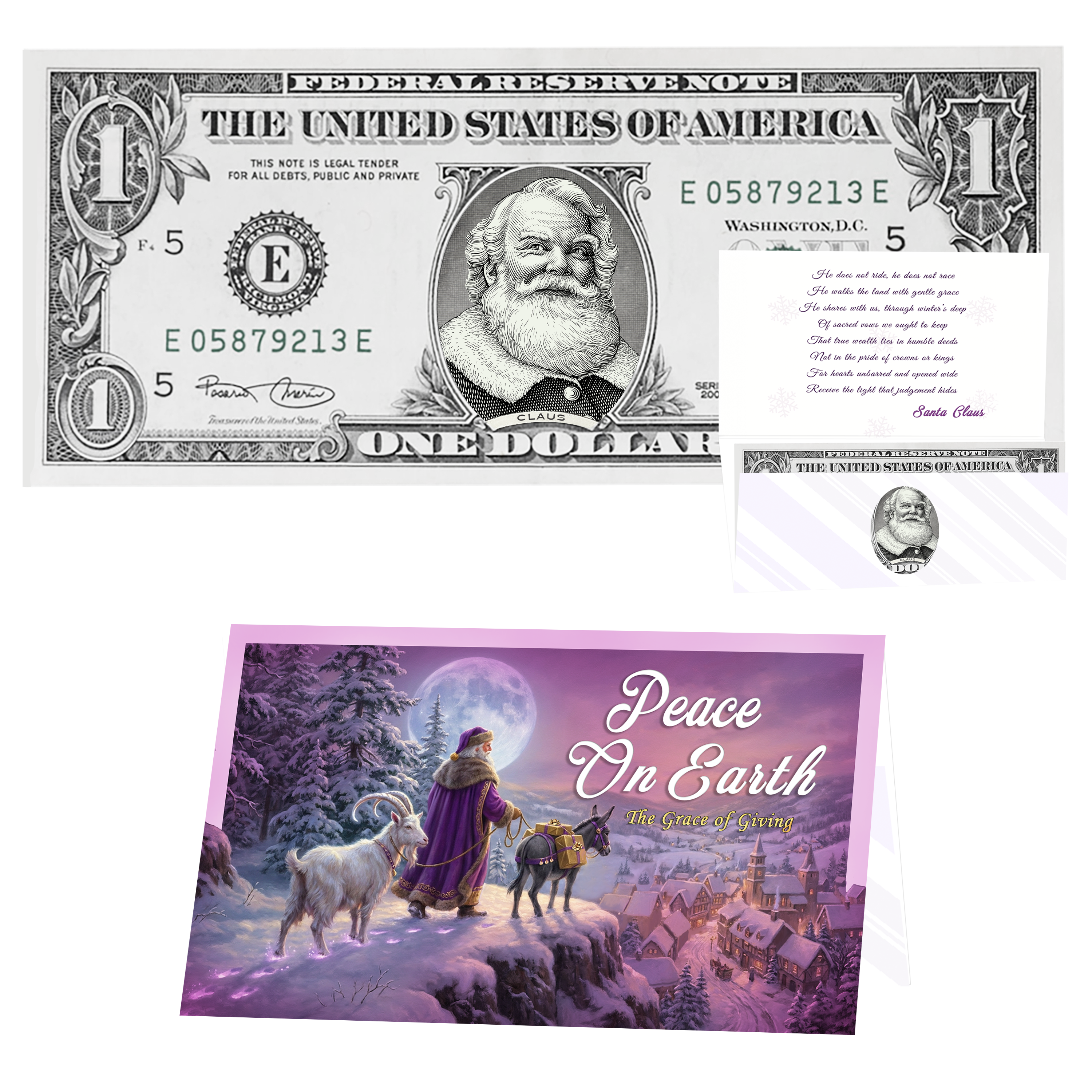 Holiday Dollars Cola Santa genuine U.S. $1 Santa dollar bill with Peace on Earth presentation card.