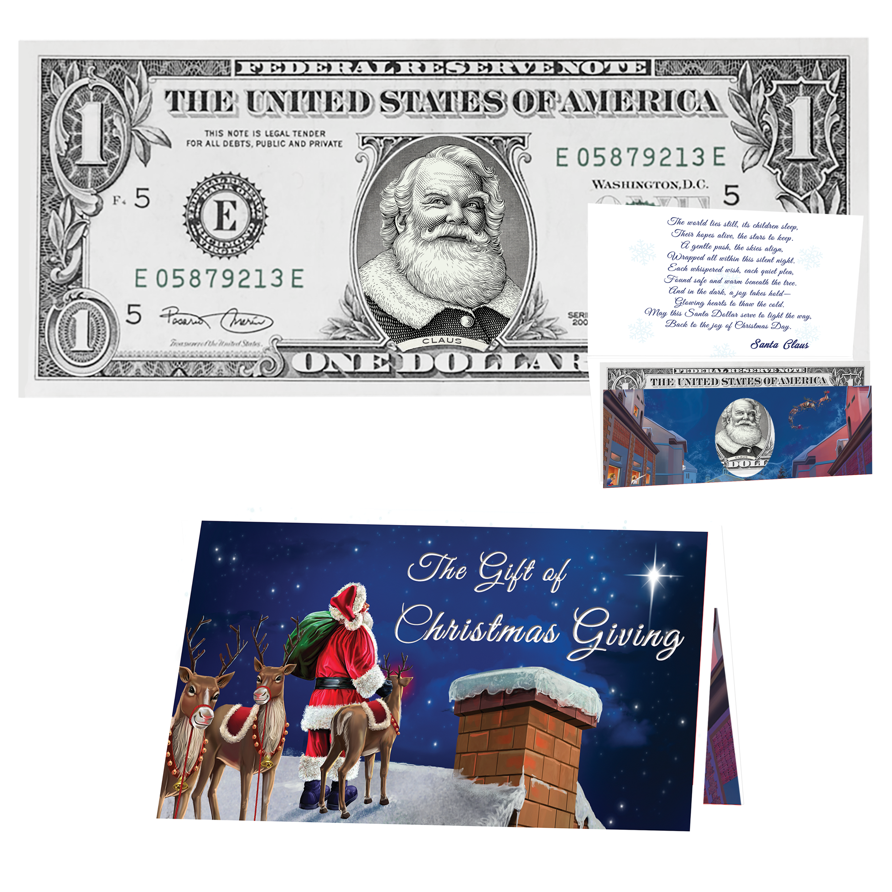 Holiday Dollars Cola Santa genuine U.S. $1 Santa dollar bill with Reindeer on Rooftops presentation card.