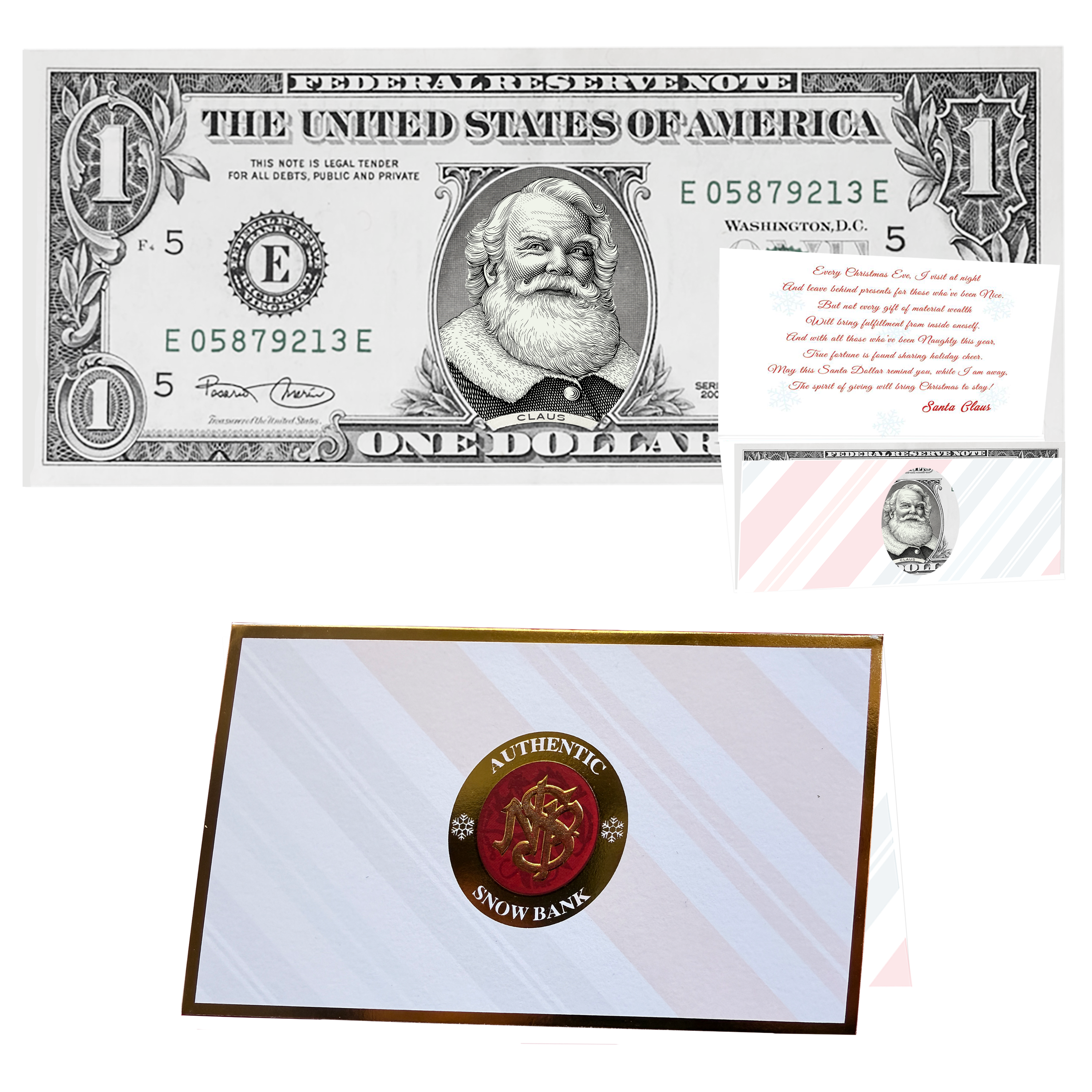 Holiday Dollars Cola Santa genuine U.S. $1 Santa dollar bill with Snow Bank presentation card.