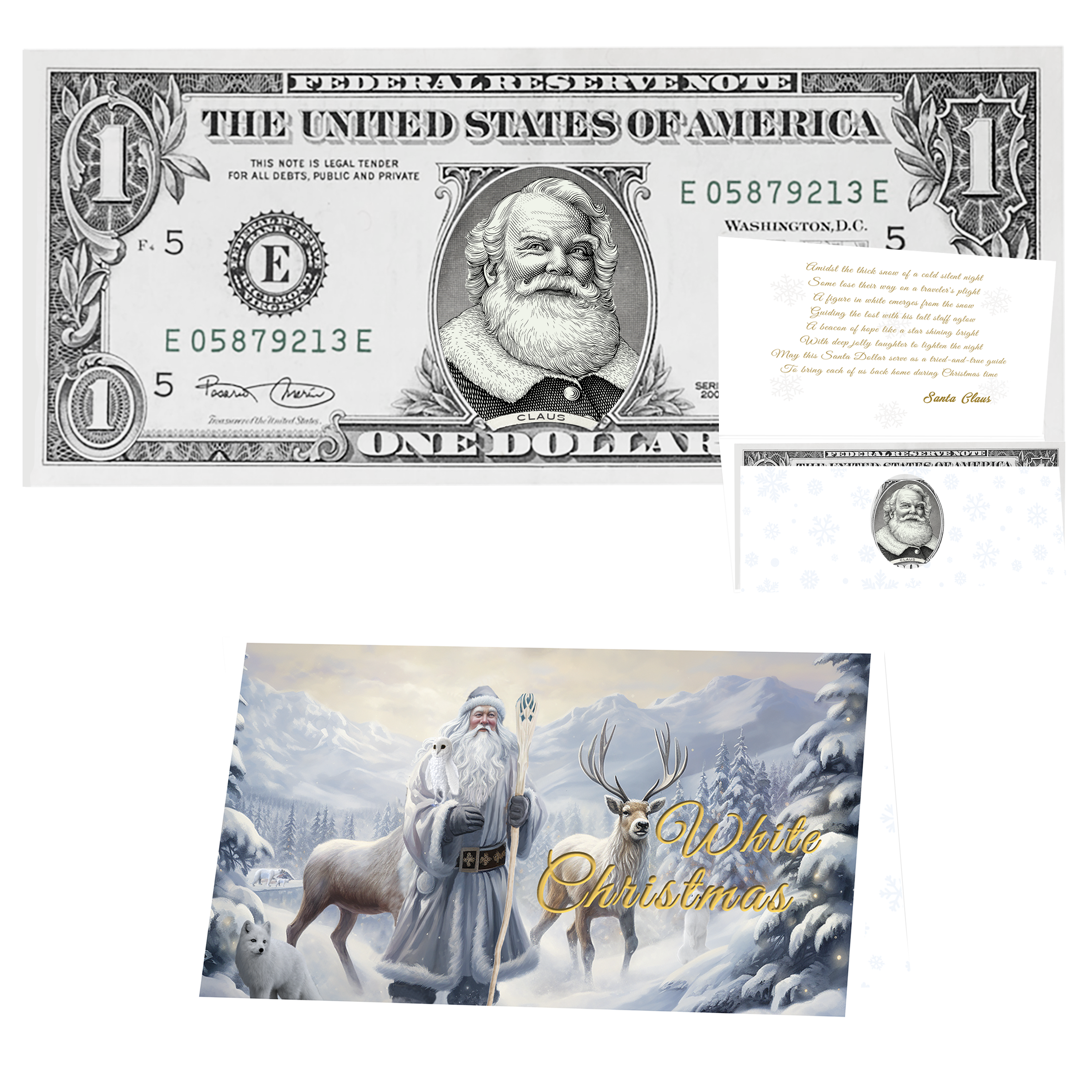 Holiday Dollars Cola Santa genuine U.S. $1 Santa dollar bill with White Christmas presentation card.