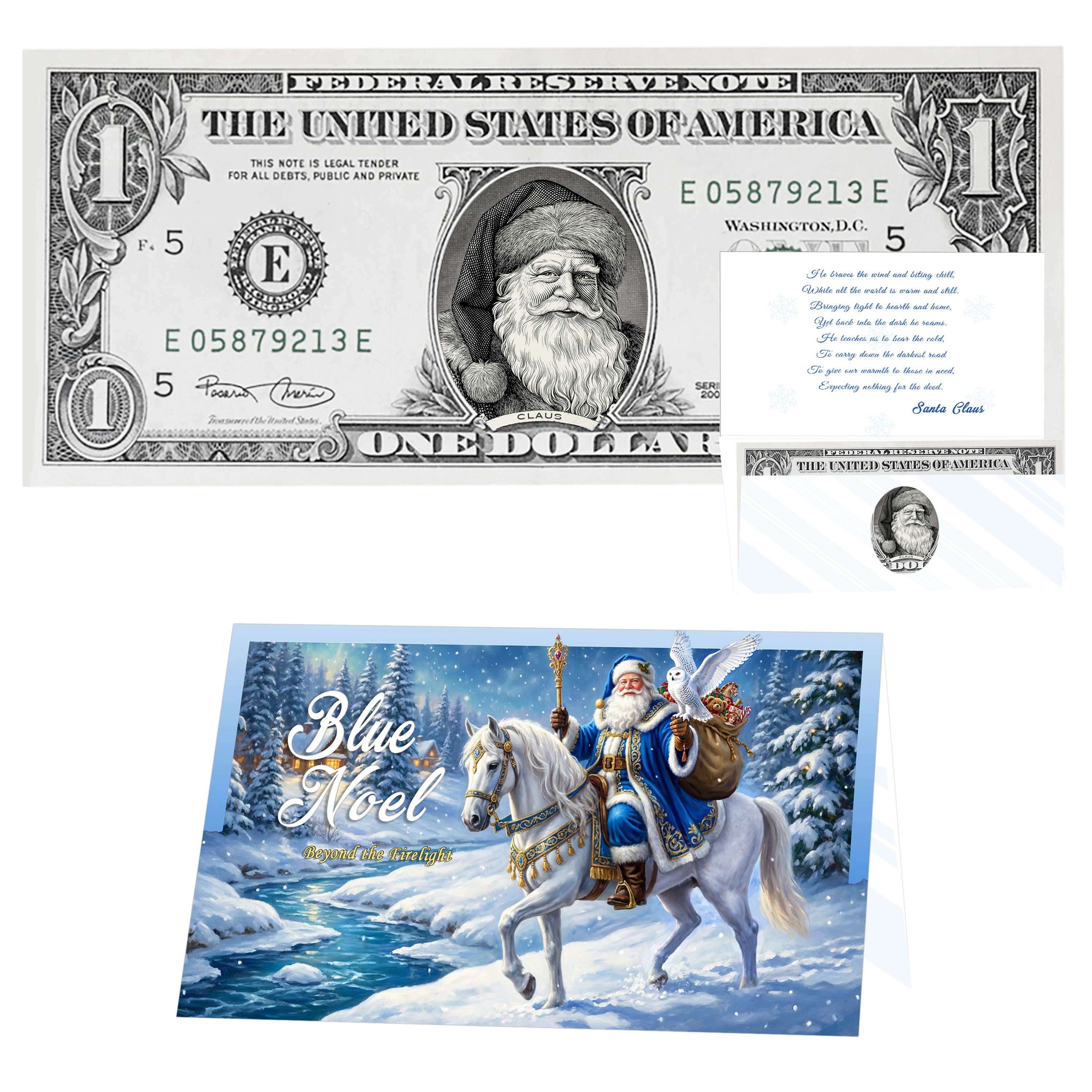 Holiday Dollars Father Christmas genuine U.S. $1 Santa dollar bill with Blue Noel presentation card.