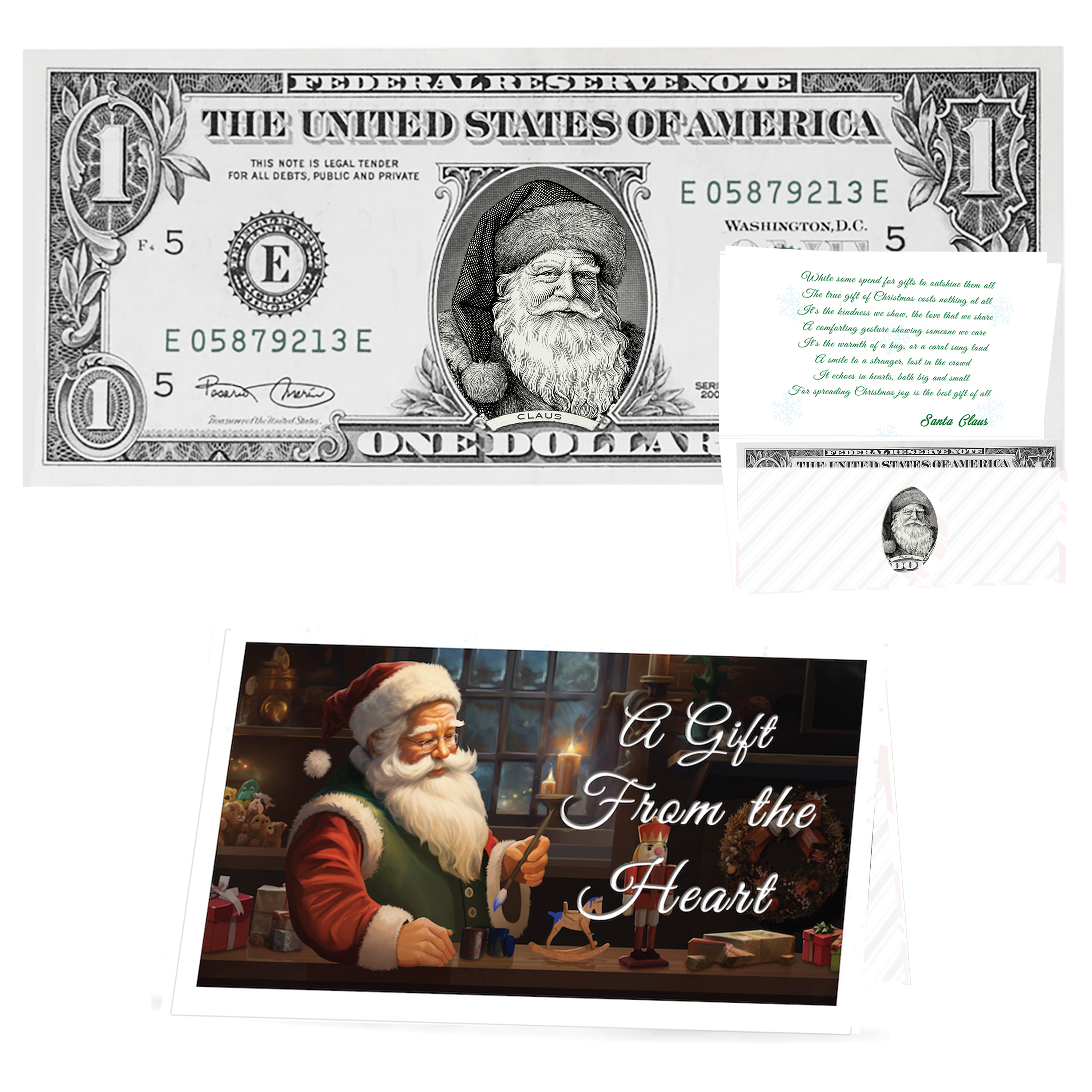 Holiday Dollars Father Christmas genuine U.S. $1 Santa dollar bill with Gift From the Heart presentation card.
