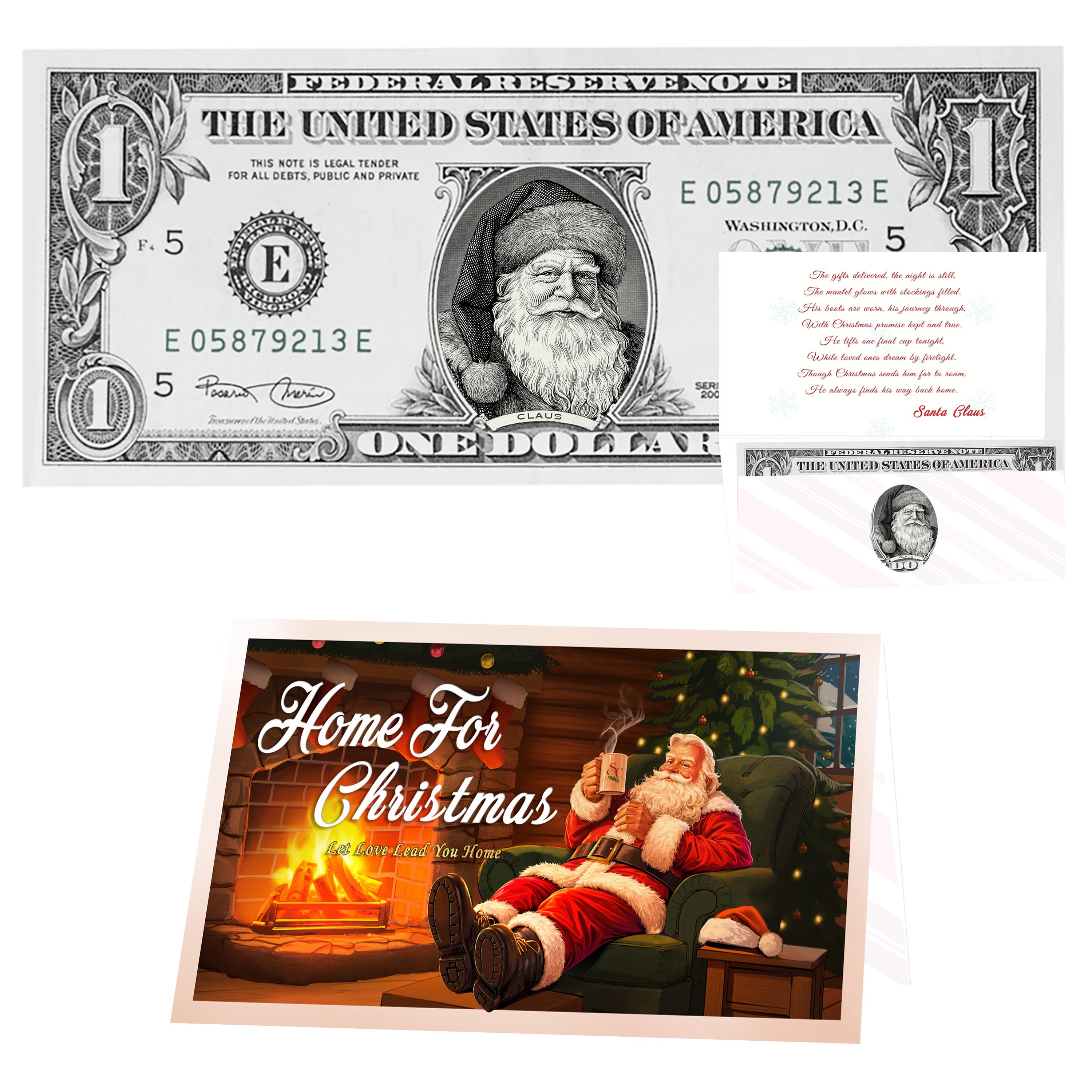 Holiday Dollars Father Christmas genuine U.S. $1 Santa dollar bill with Home for Christmas presentation card.