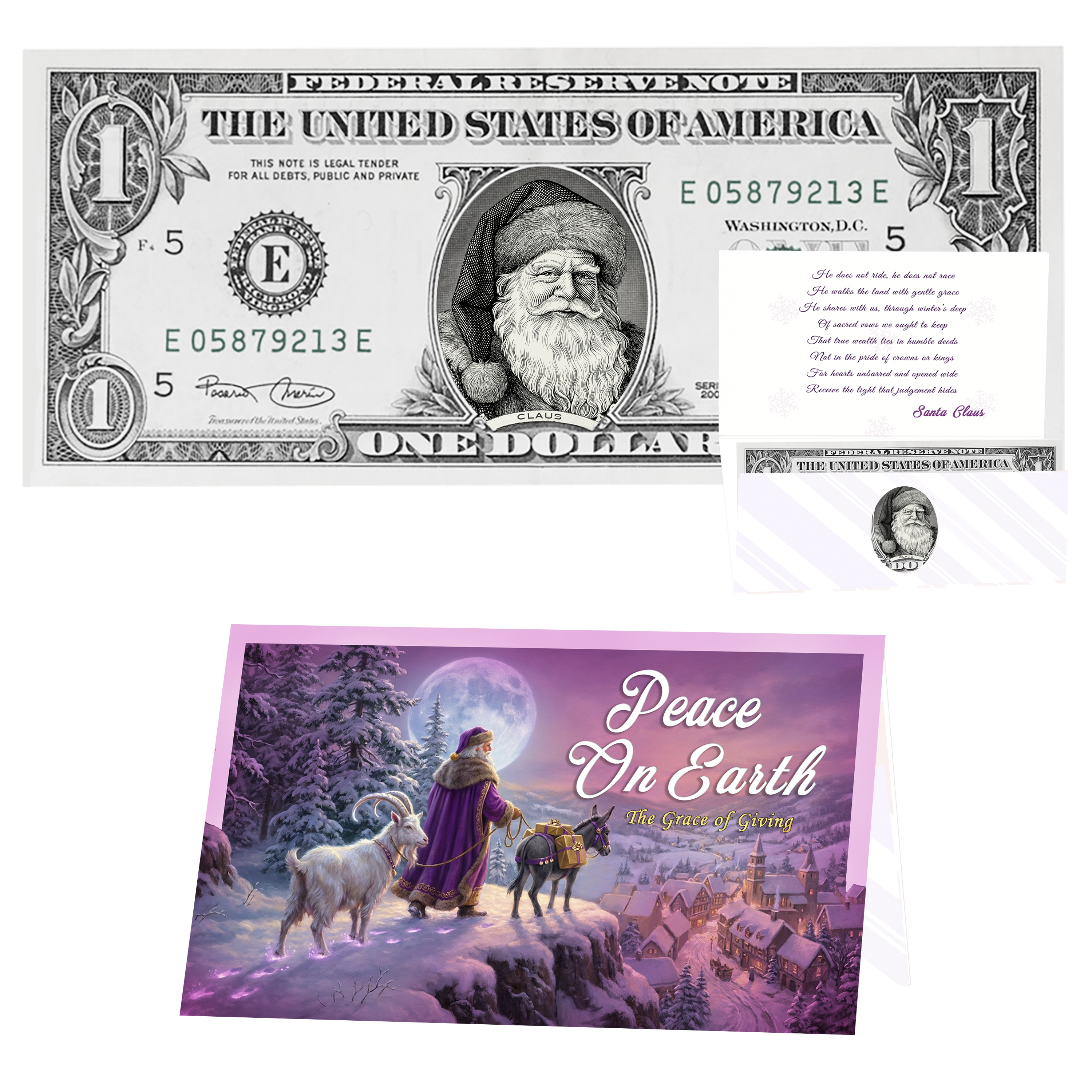 Holiday Dollars Father Christmas genuine U.S. $1 Santa dollar bill with Peace on Earth presentation card.