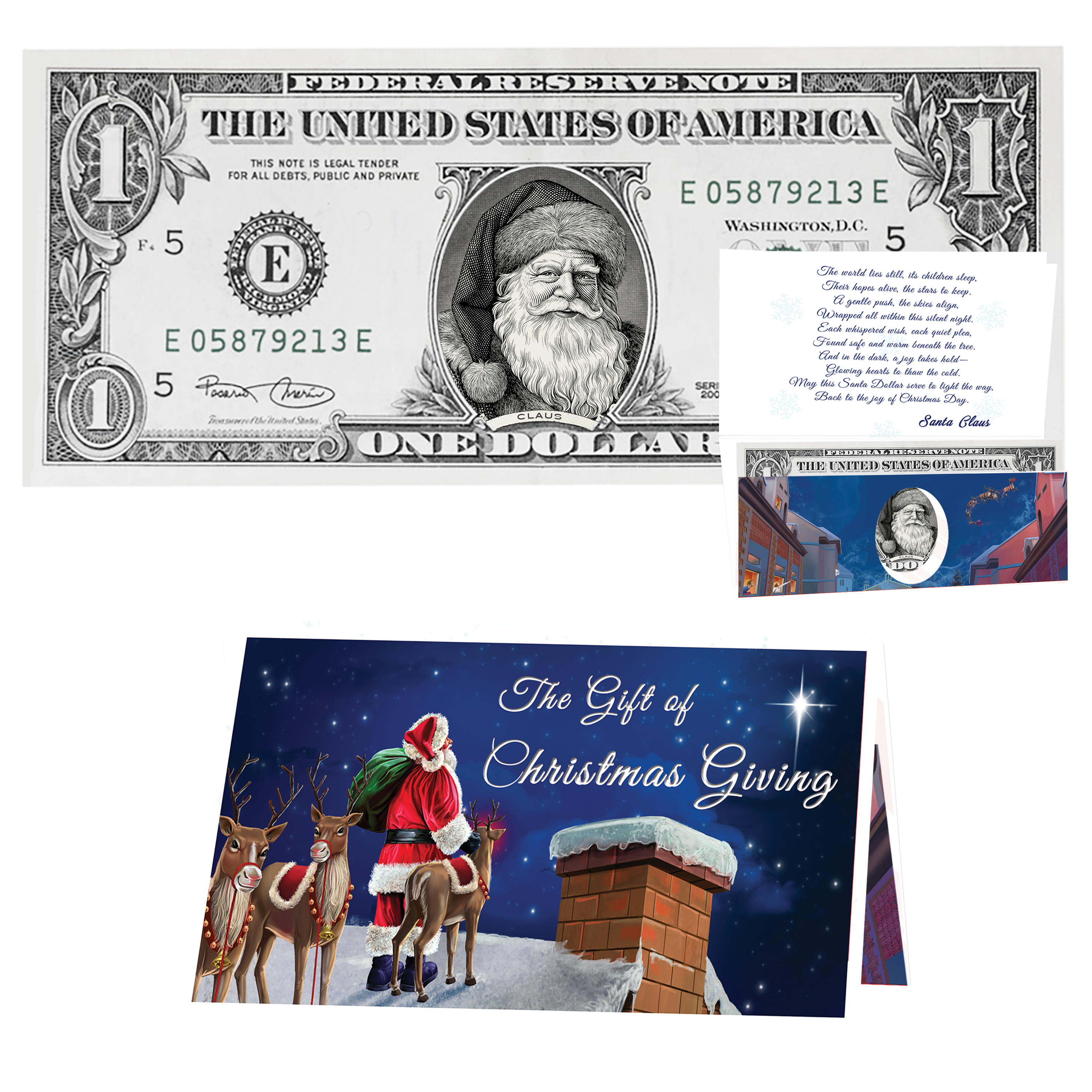 Holiday Dollars Father Christmas genuine U.S. $1 Santa dollar bill with Reindeer on Rooftops presentation card.