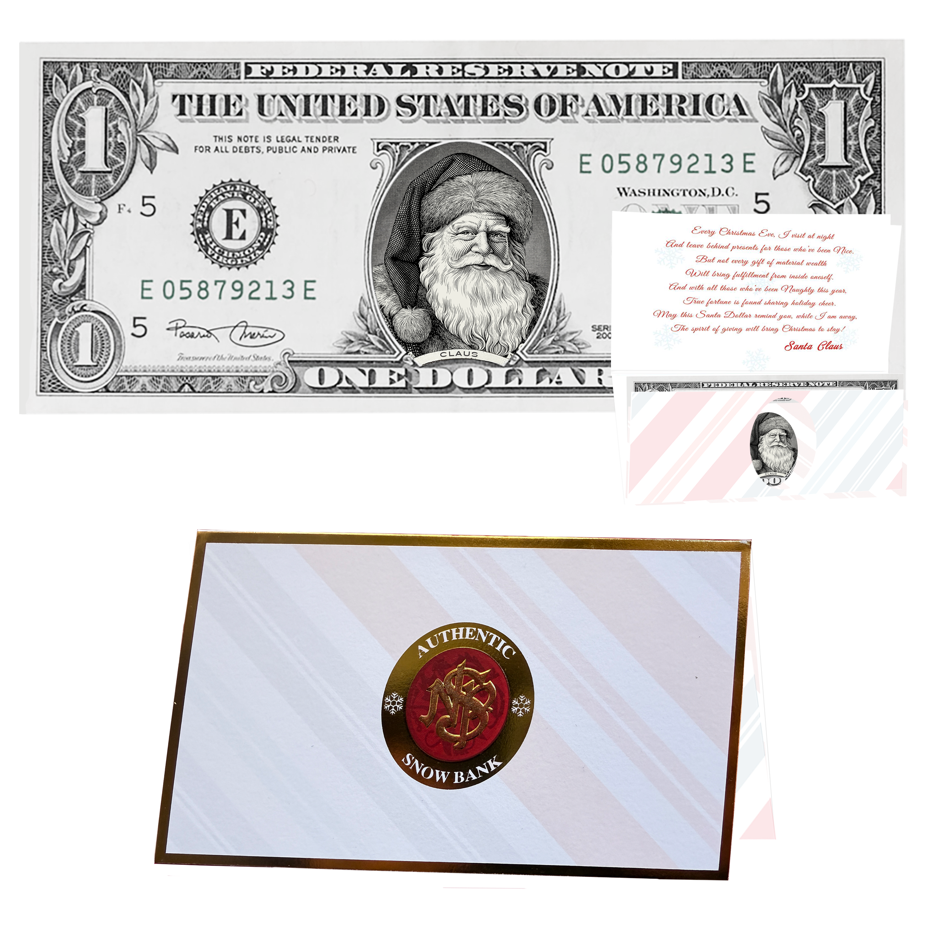 Holiday Dollars Father Christmas genuine U.S. $1 Santa dollar bill with Snow Bank presentation card.