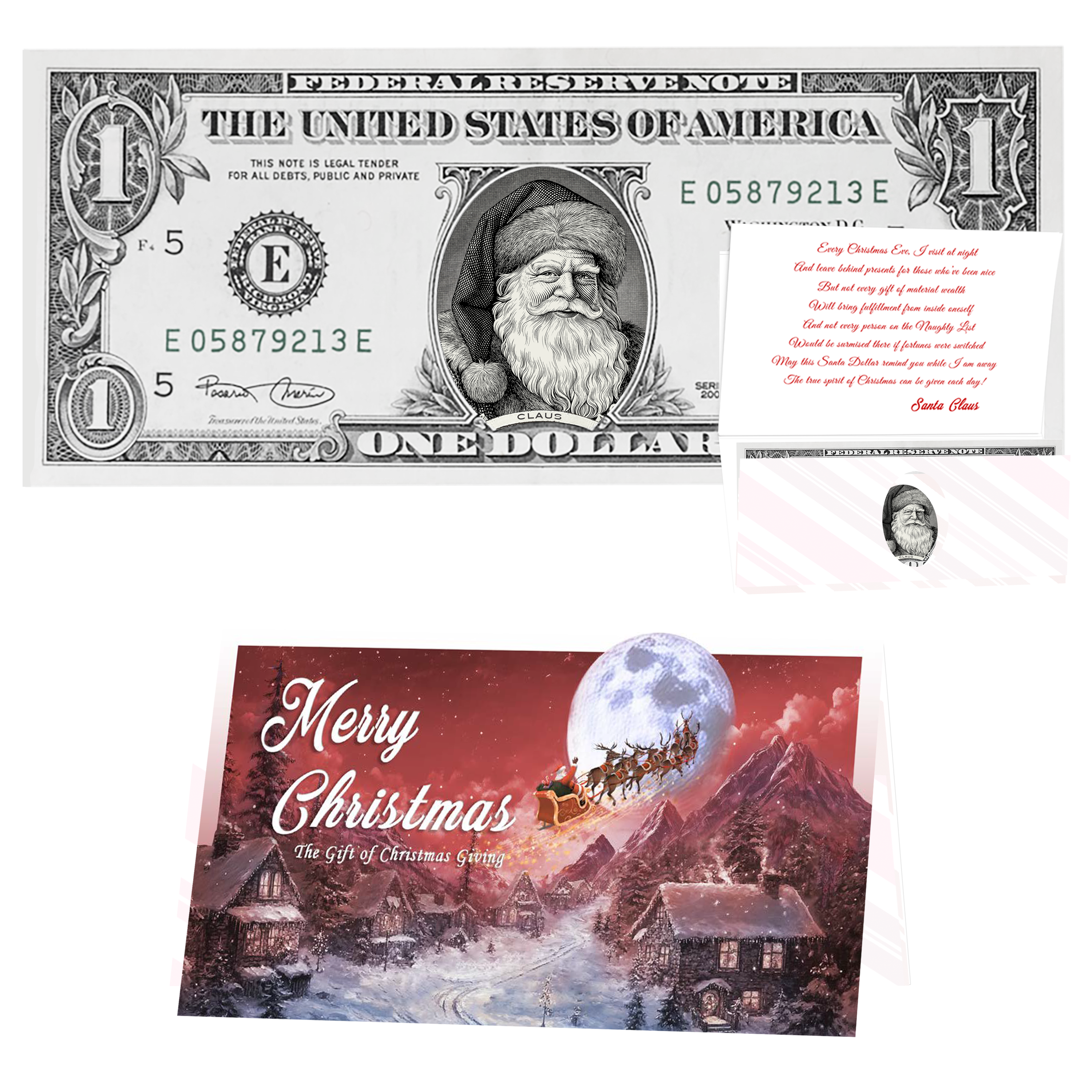 Holiday Dollars Father Christmas genuine U.S. $1 Santa dollar bill with To All a Goodnight presentation card.