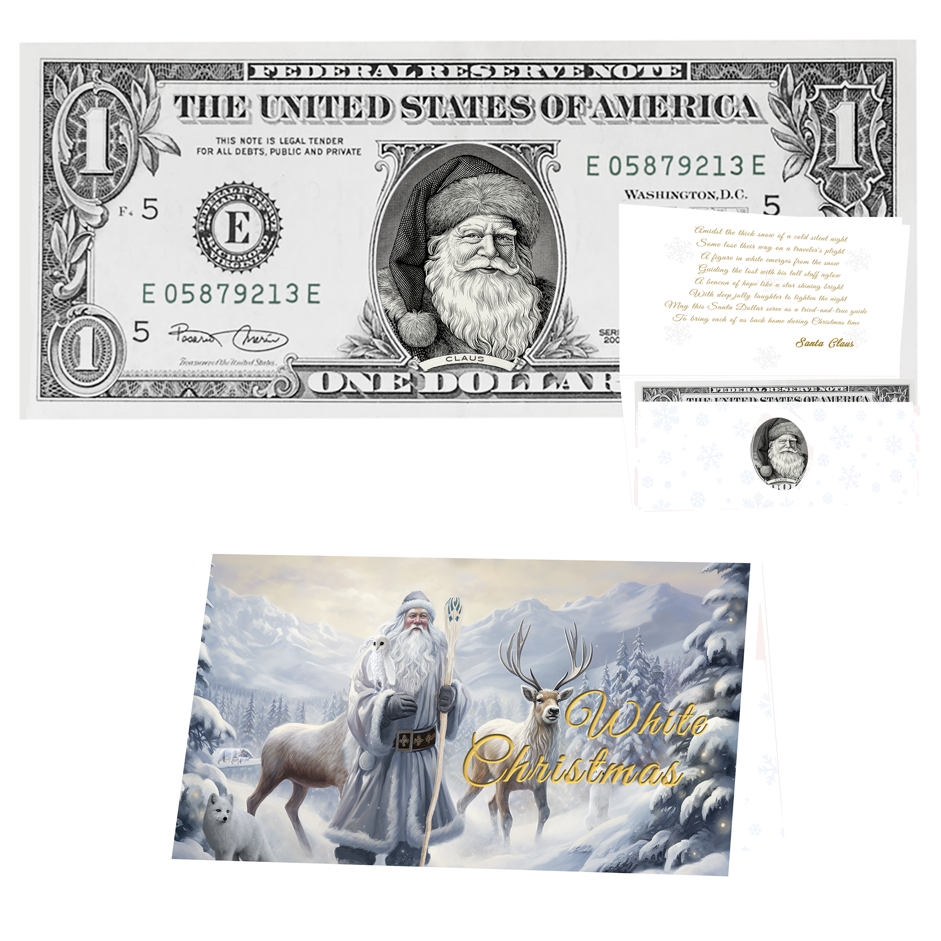 Holiday Dollars Father Christmas genuine U.S. $1 Santa dollar bill with White Christmas presentation card.