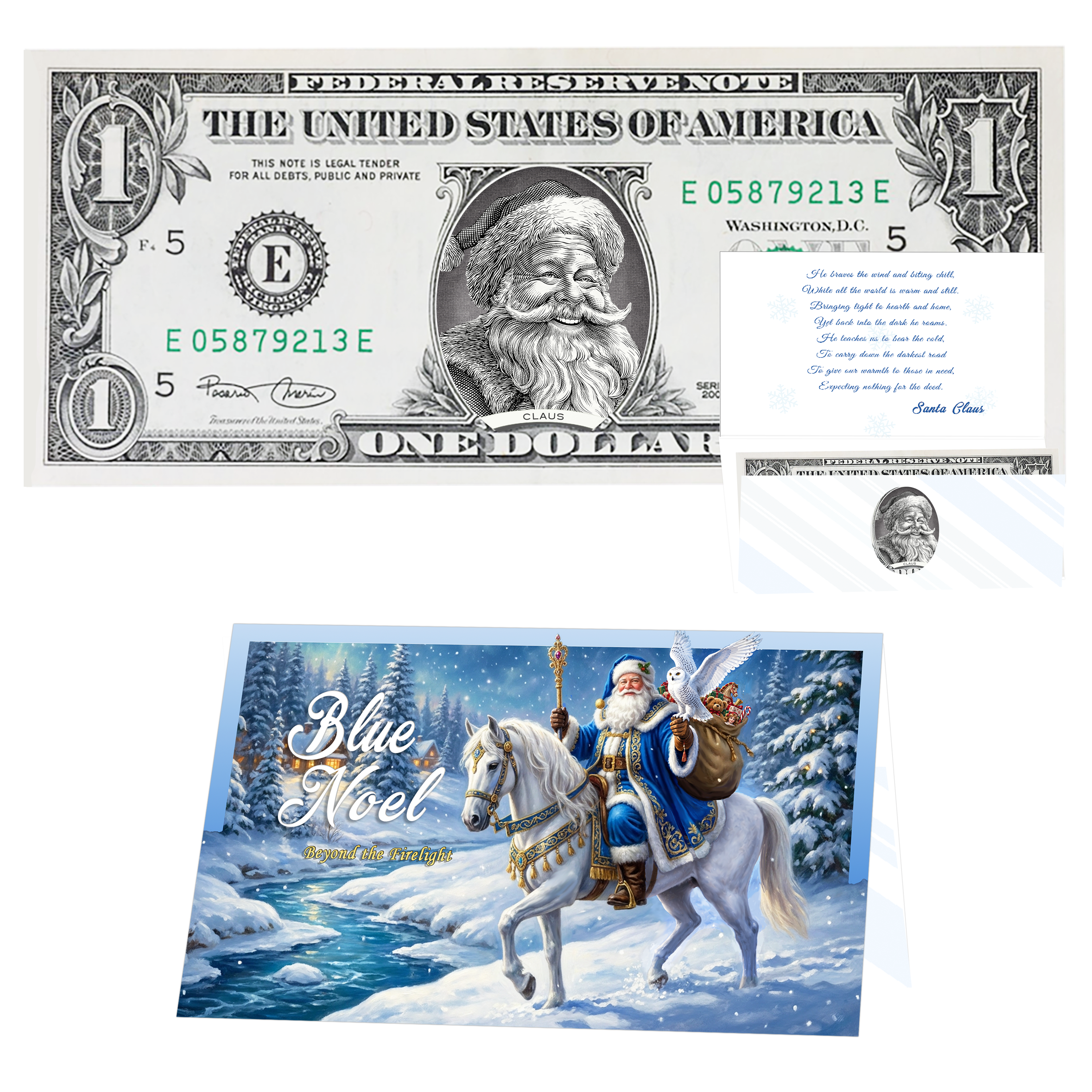 Holiday Dollars Jolly Old Santa genuine U.S. $1 Santa dollar bill with Blue Noel presentation card.
