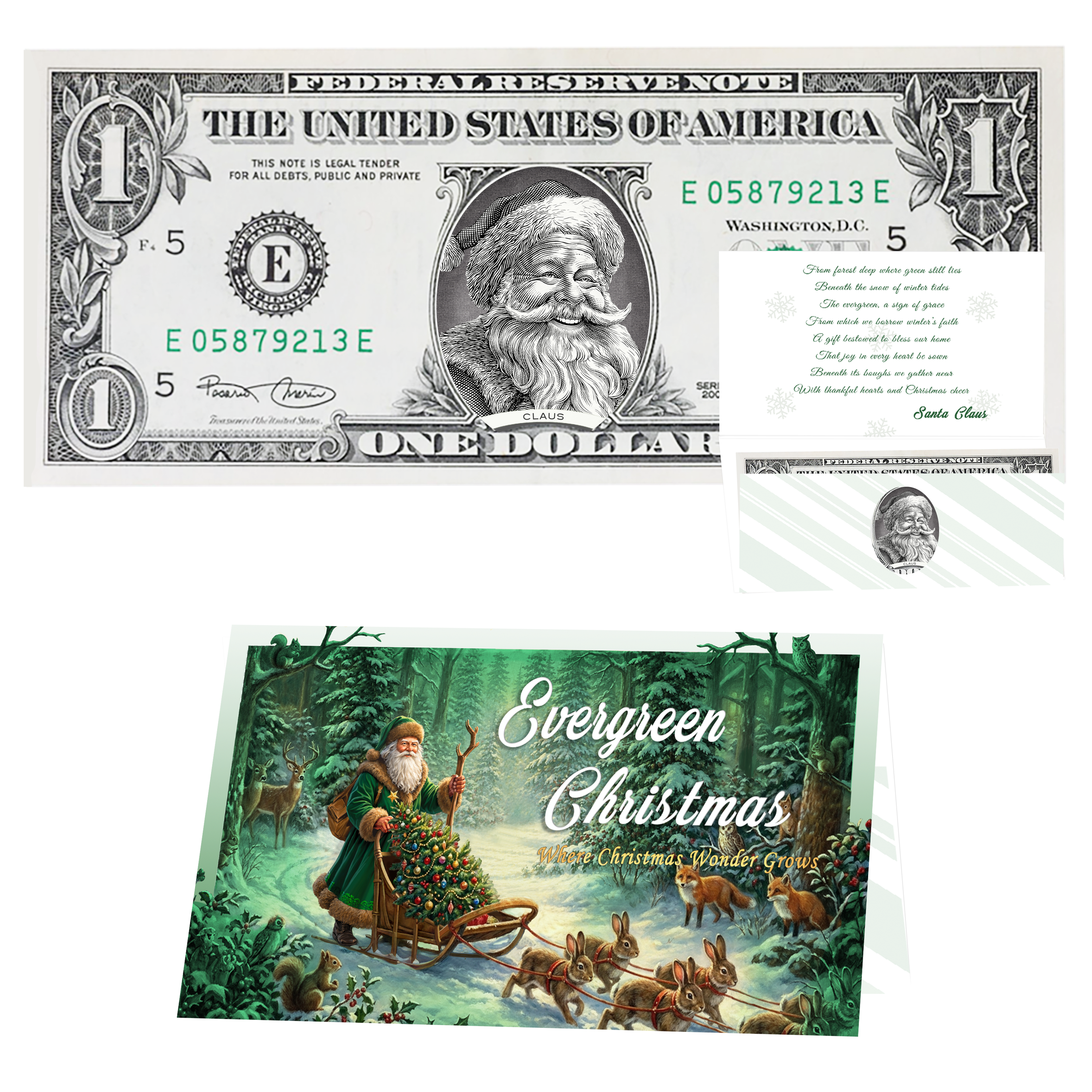 Holiday Dollars Jolly Old Santa genuine U.S. $1 Santa dollar bill with Evergreen Christmas presentation card.