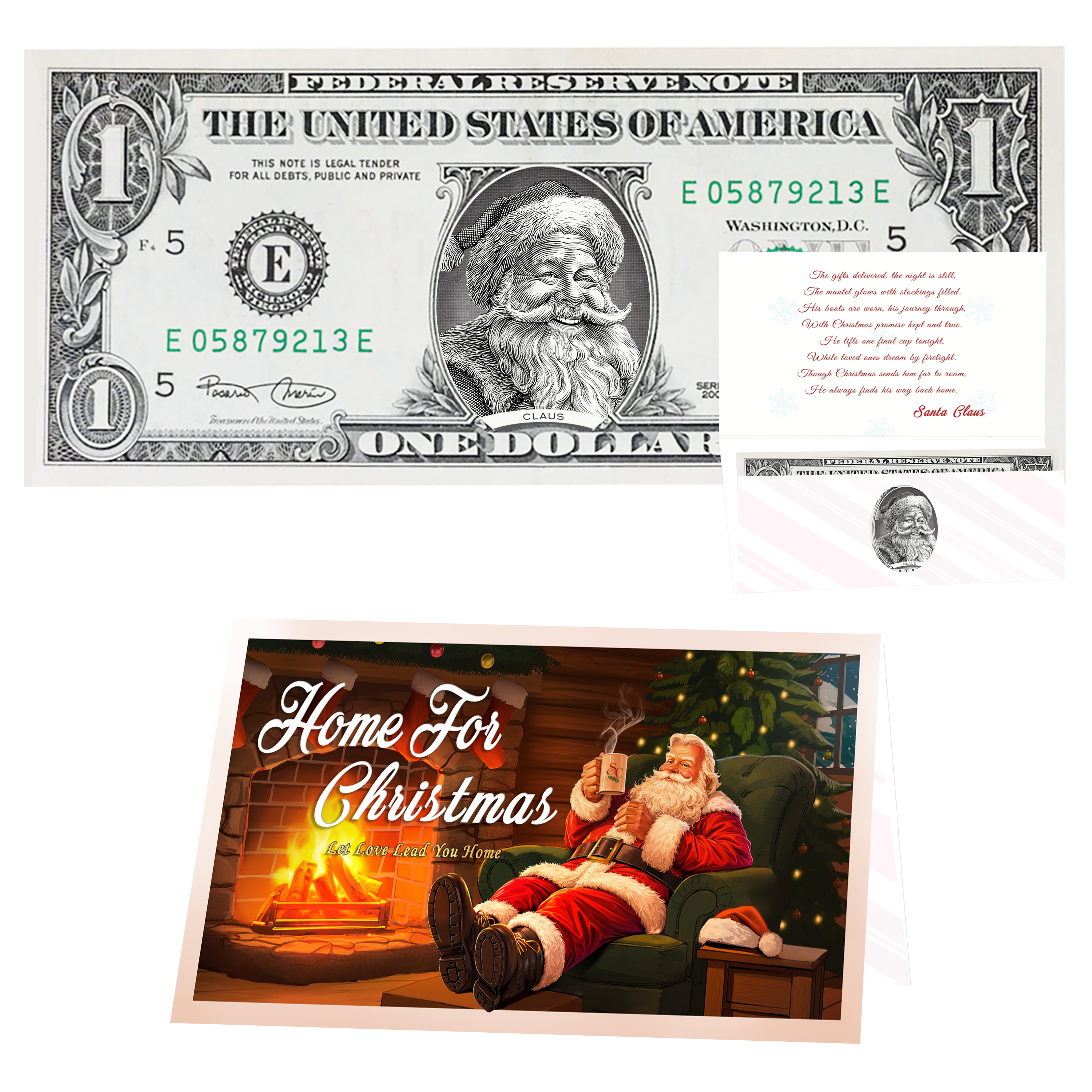 Holiday Dollars Jolly Old Santa genuine U.S. $1 Santa dollar bill with Home for Christmas presentation card.