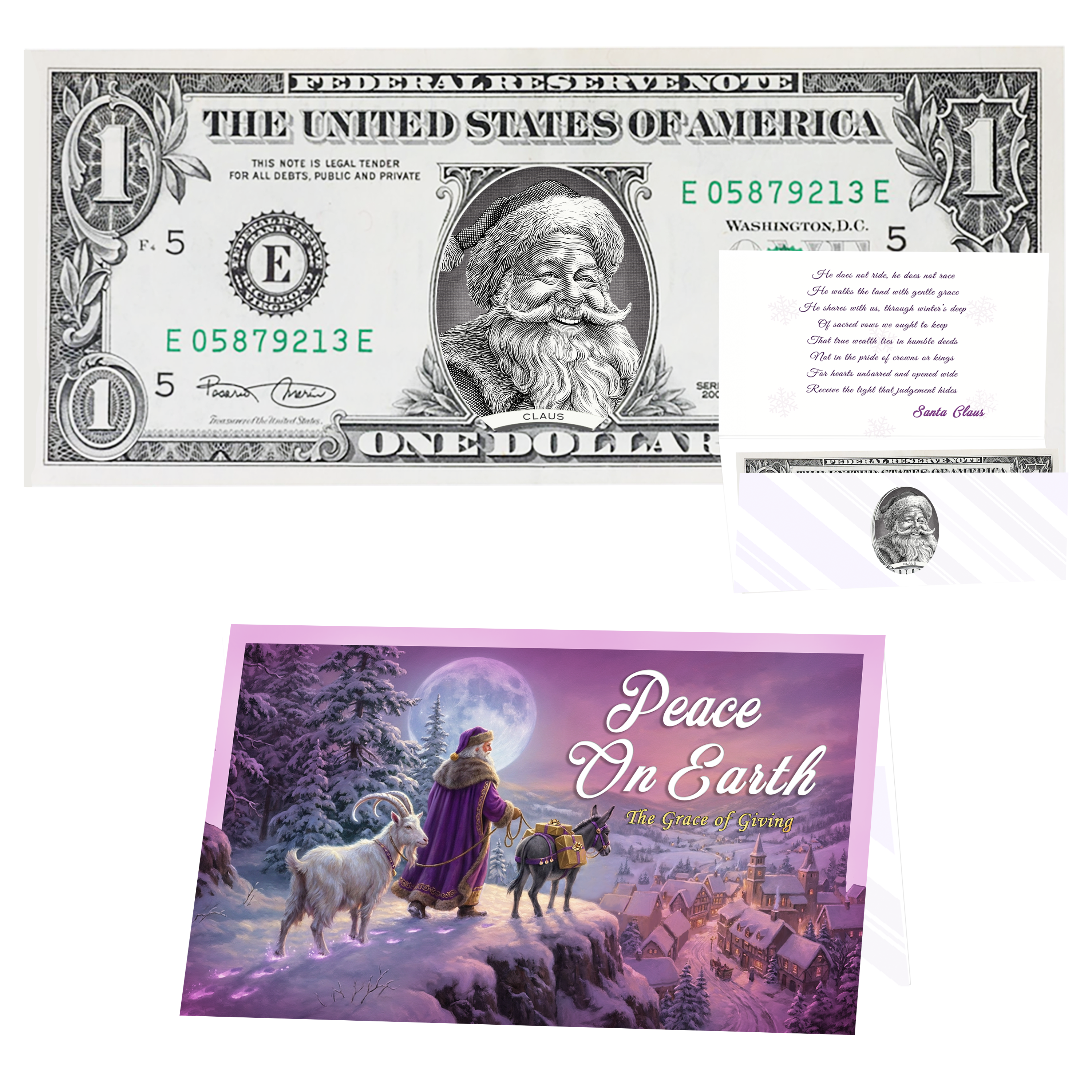 Holiday Dollars Jolly Old Santa genuine U.S. $1 Santa dollar bill with Peace on Earth presentation card.