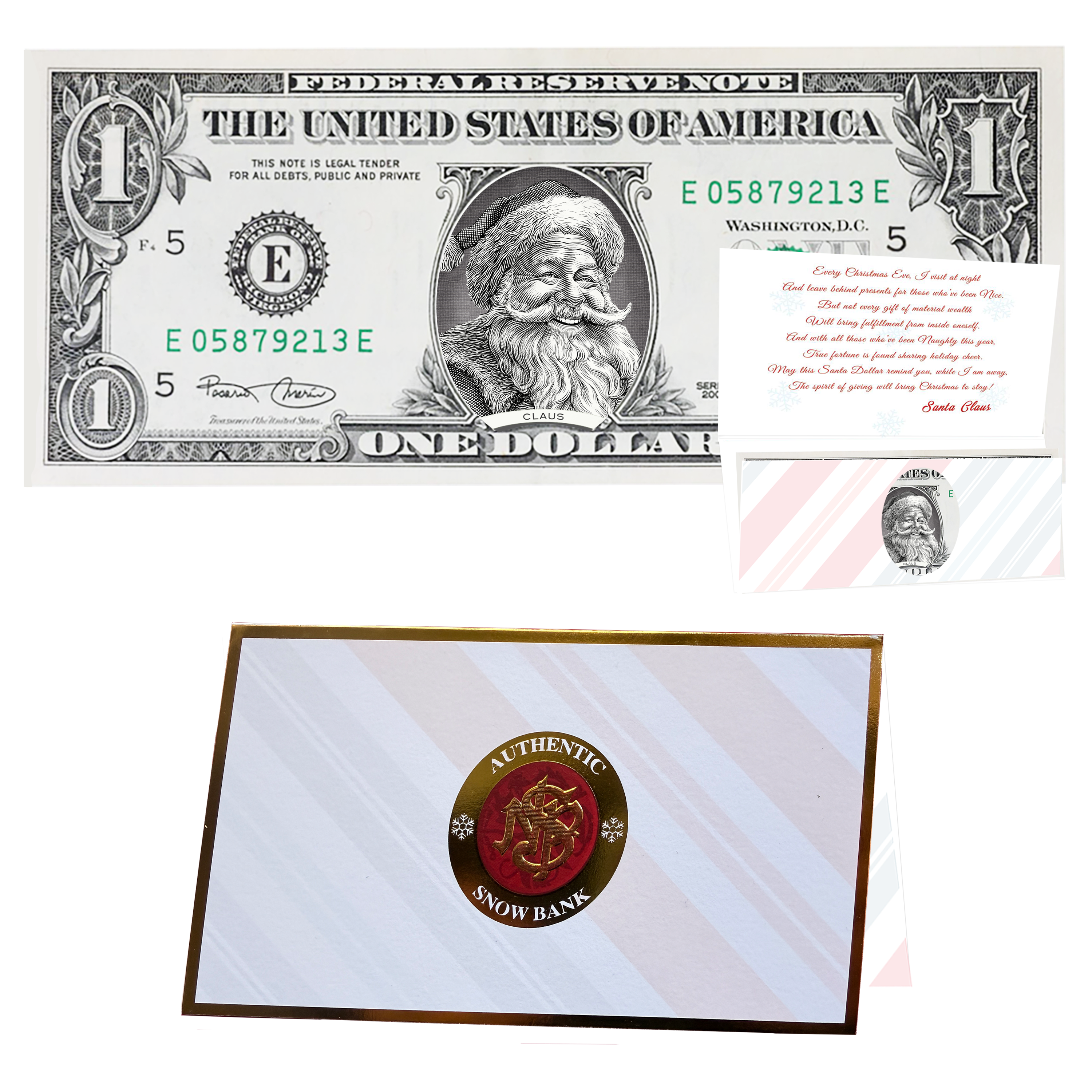 Holiday Dollars Jolly Old Santa genuine U.S. $1 Santa dollar bill with Snow Bank presentation card.