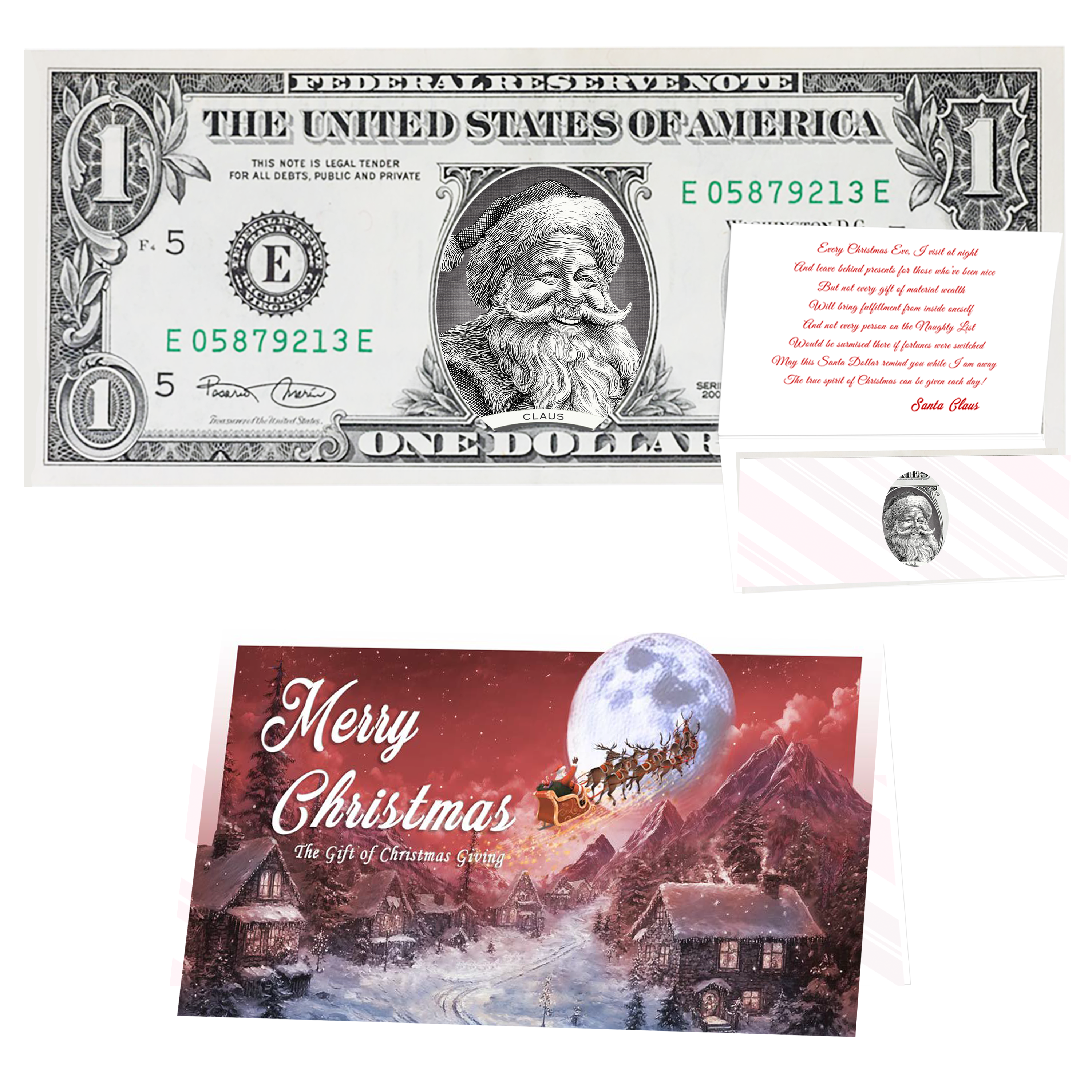 Holiday Dollars Jolly Old Santa genuine U.S. $1 Santa dollar bill with To All a Goodnight card.