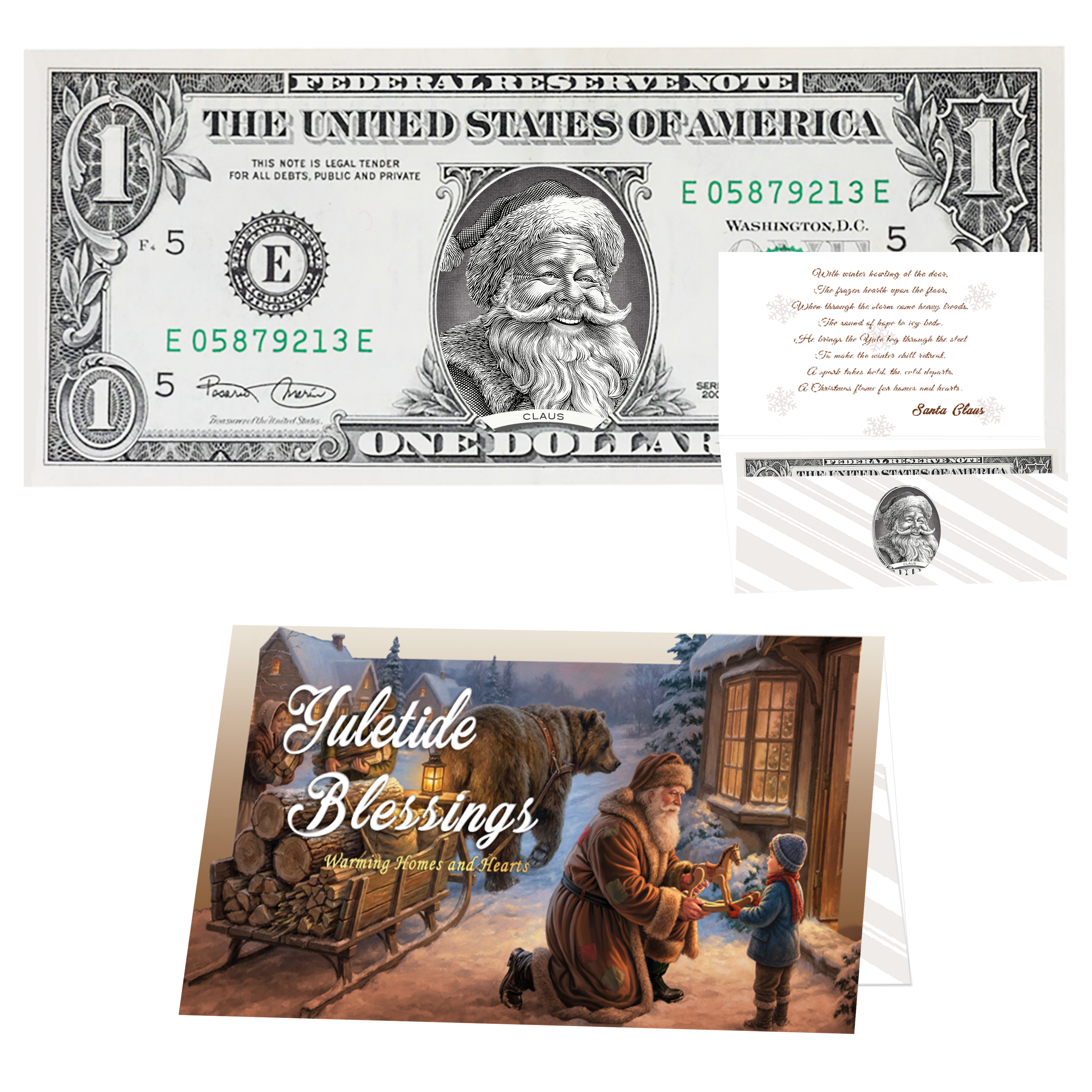 Holiday Dollars Jolly Old Santa genuine U.S. $1 Santa dollar bill with Yuletide Blessings presentation card.