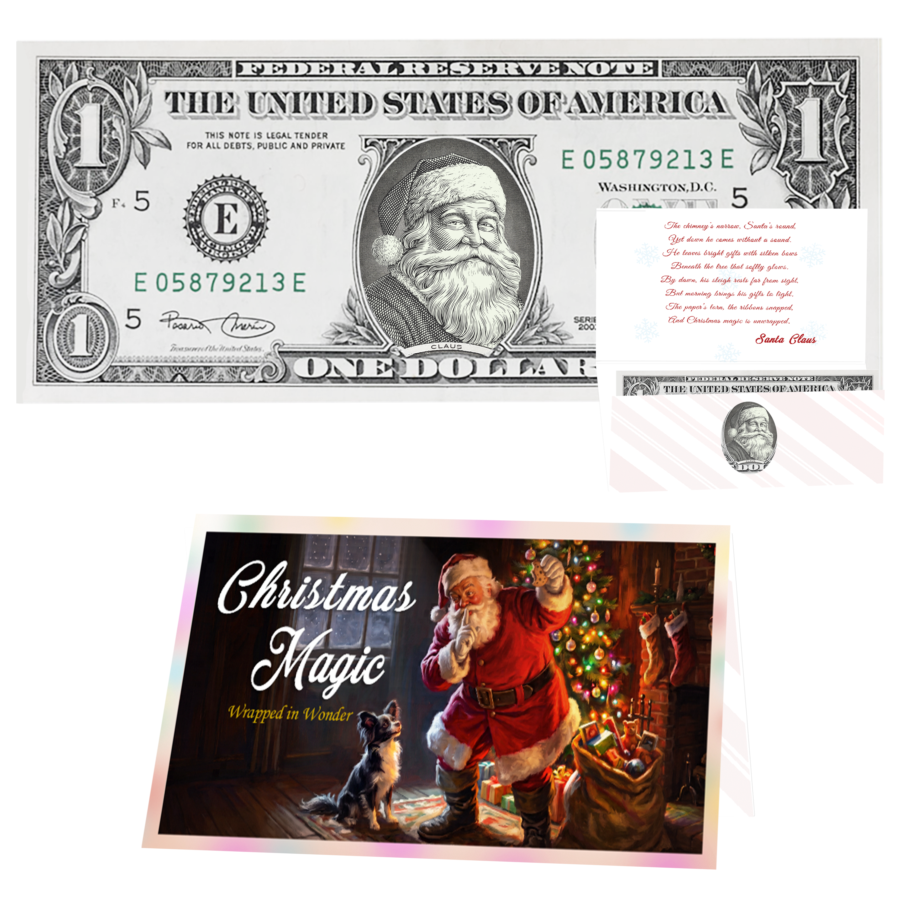 Holiday Dollars Red Rosy Cheeks Santa genuine U.S. $1 Santa dollar bill with Christmas Magic presentation card.